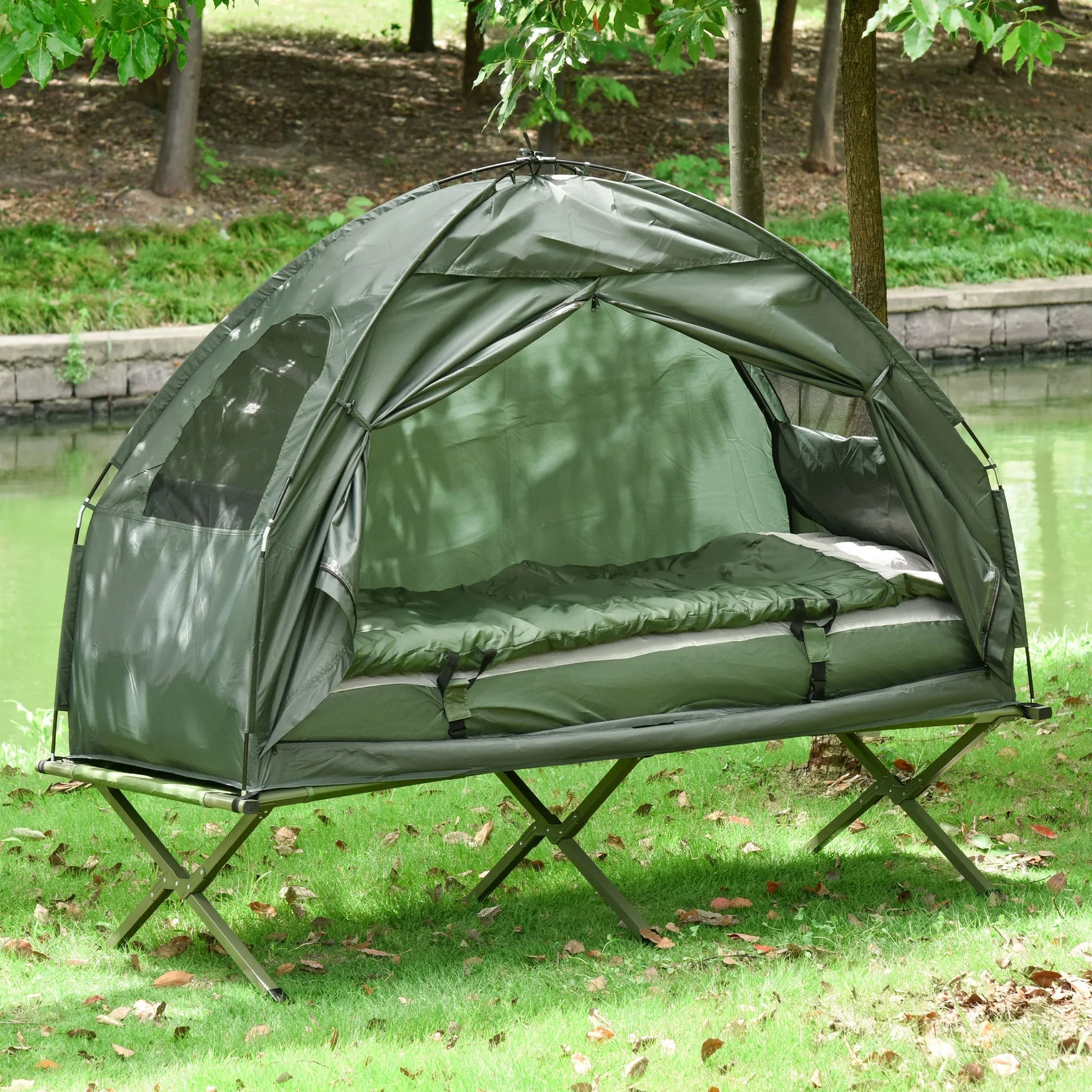 1-person Foldable Camping Tent W/ Sleeping Bag-Army Green