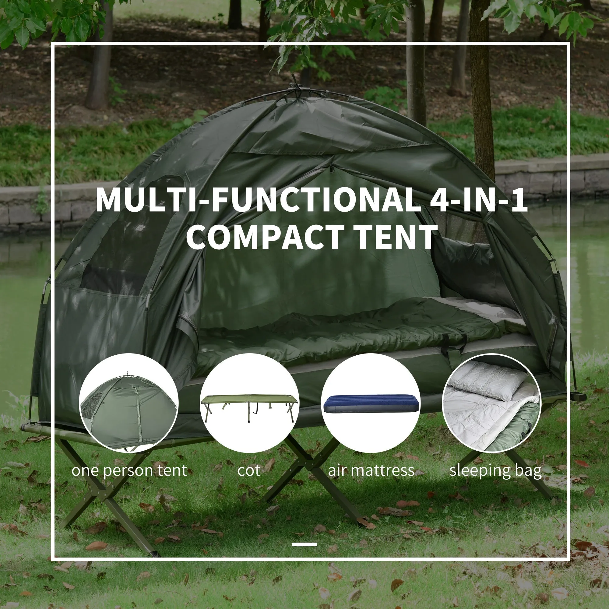 1-person Foldable Camping Tent W/ Sleeping Bag-Army Green