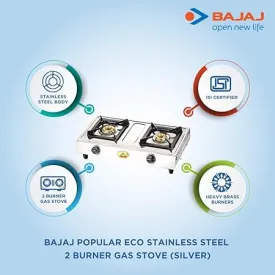 Bajaj Popular Eco, 2-Burner Open Stainless Steel, ISI Certified, Gas Stove (Silver, Black)