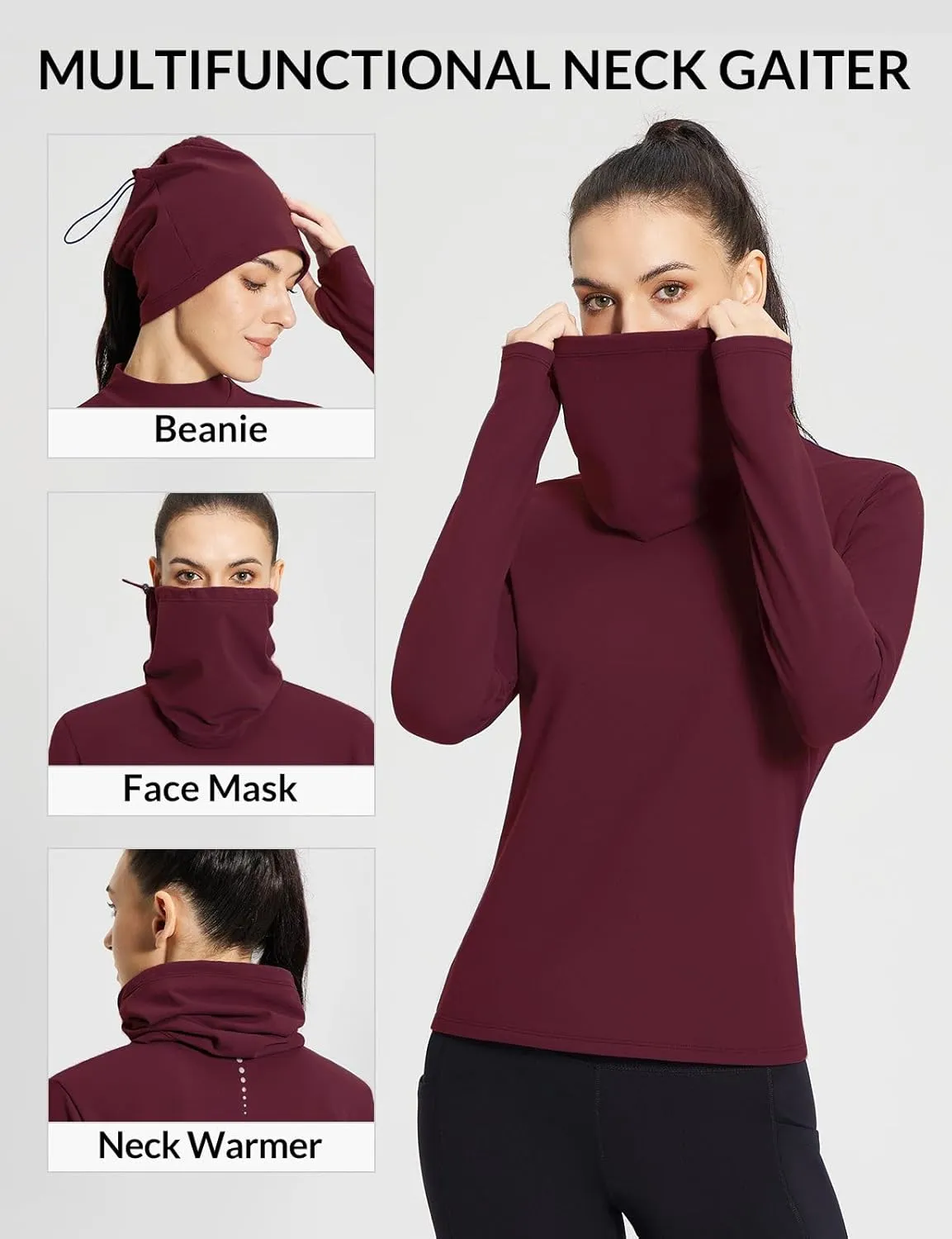 baleaf Women's Thermal Long Sleeve Shirts Fleece Turtleneck Top Warm Undershirts with Detachable Neck Gaiter Thumbholes