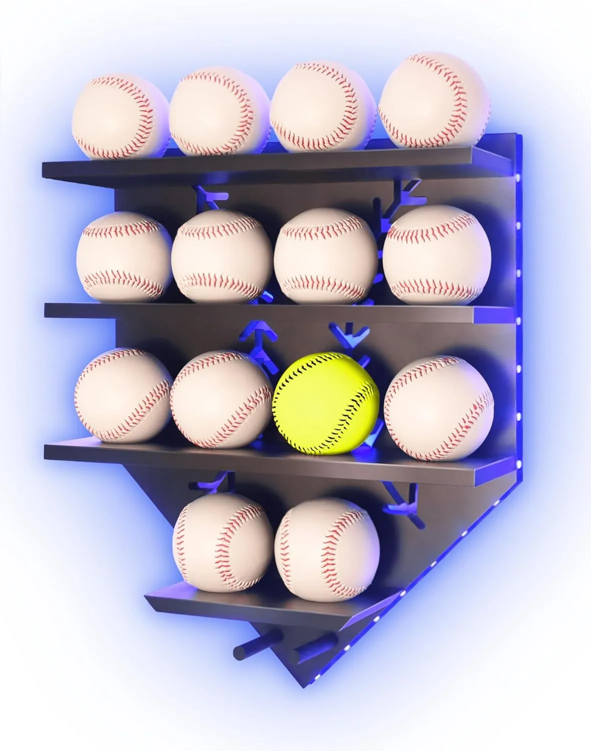 Baseball Display Shelf with LED Light, Home Plate Shaped Wood Holder, Championship Ring Wall Organizer for PSA SGC Collectibles, Ball Hanging Frame Gift for Boys Son
