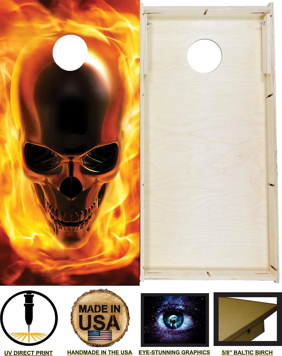 CornholeGamesUSA Handmade Premium Wooden Cornhole Board Set - Skull Series - Handmade in USA, Regulation Size 2'x4', Made of Baltic Birch | Includes 8 Cornhole Bags