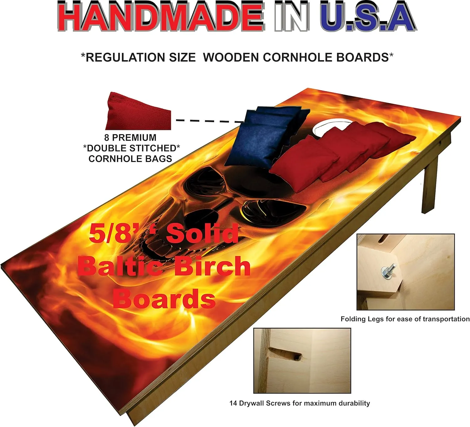 CornholeGamesUSA Handmade Premium Wooden Cornhole Board Set - Skull Series - Handmade in USA, Regulation Size 2'x4', Made of Baltic Birch | Includes 8 Cornhole Bags
