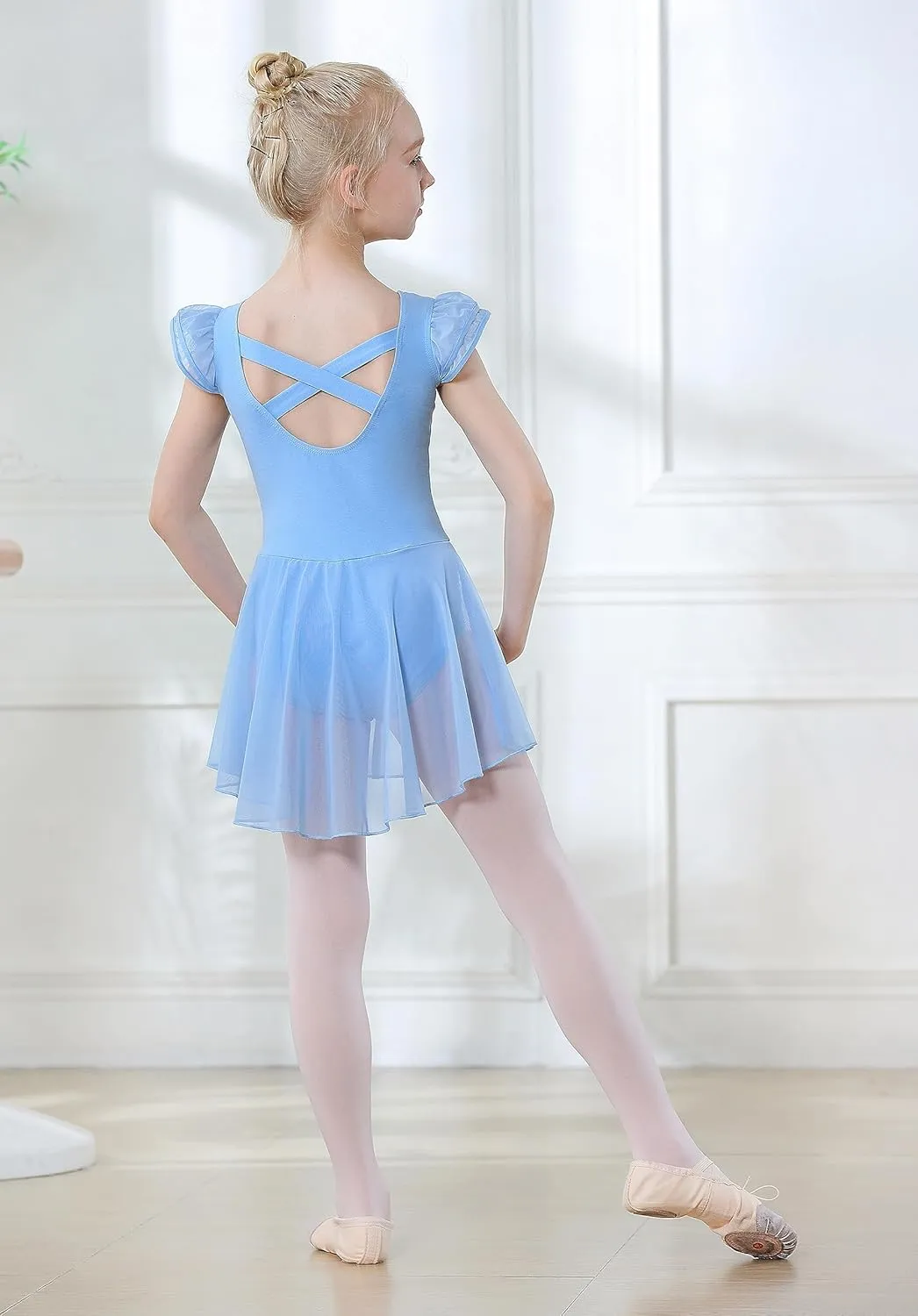 DIPUG Ballet Leotards for Girls Ballet Leotard with Skirt Toddler Dance Leotards Flutter Sleeve and Criss-Cross Back