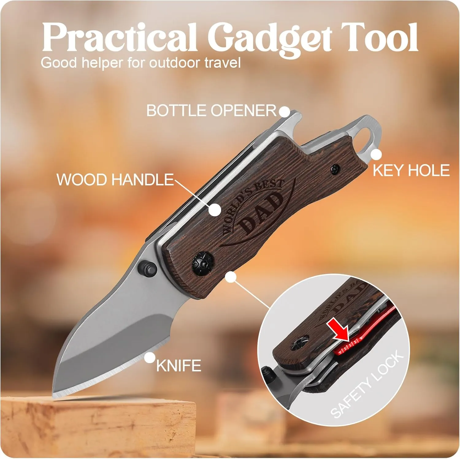 Fathers Day Dad Gifts, Wood Folding Knife, Gifts for Dad Fathers Day Birthday Daily Use, Small Gadget Tool for Everyday Carry, Box Cutter Gift from Daughter Son
