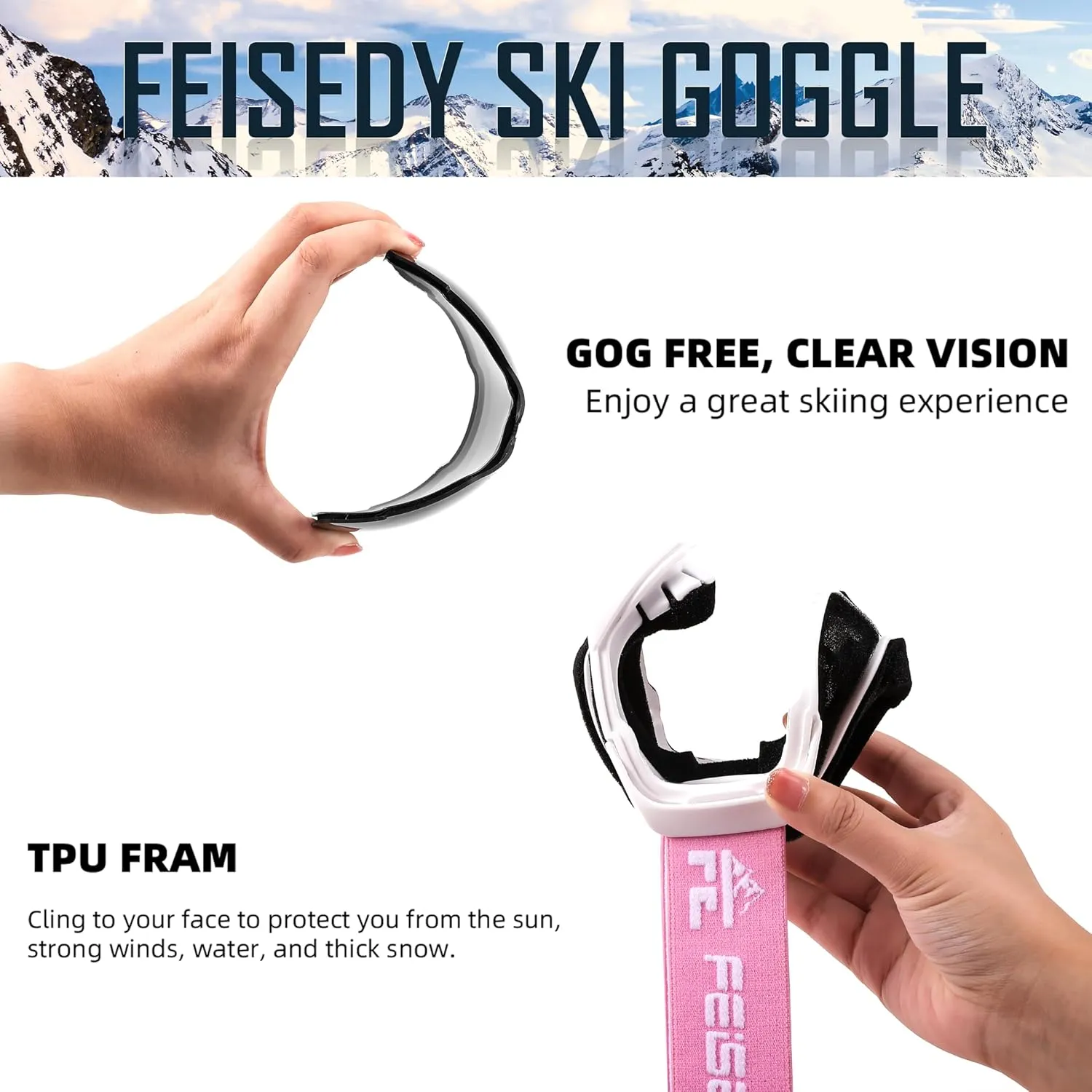 FEISEDY Ski Goggles, OTG Snow Sport Goggles for Adult Youth, Anti-Fog UV400 Protection Bendable Dual-Lenses B2961