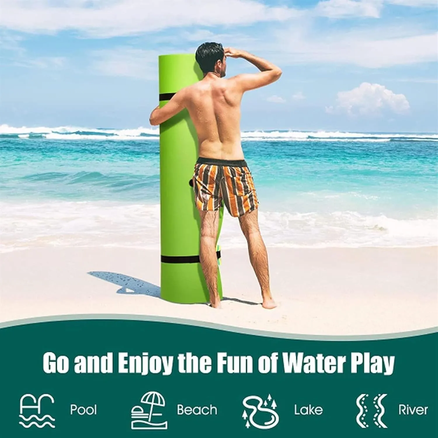 Floating Mat, Floating Water Mat, with Rolling Pillow Design, Bouncy Tear-Resistant 3-Layer XPE Foam, Roll-Up Floating Island River Rafts