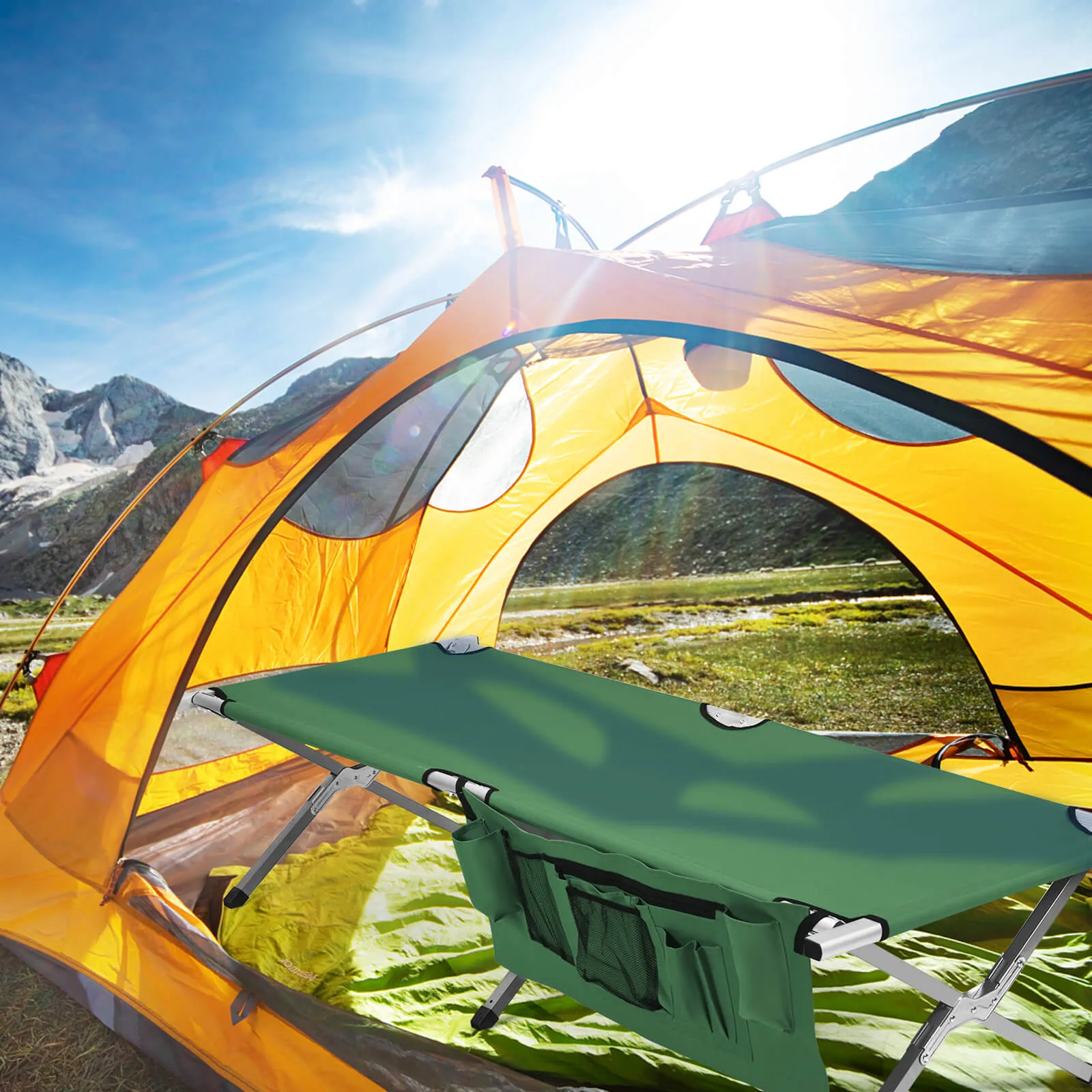 Folding Camping Bed Outdoor Sleeping Cot with Carry Bag for Beach-Green