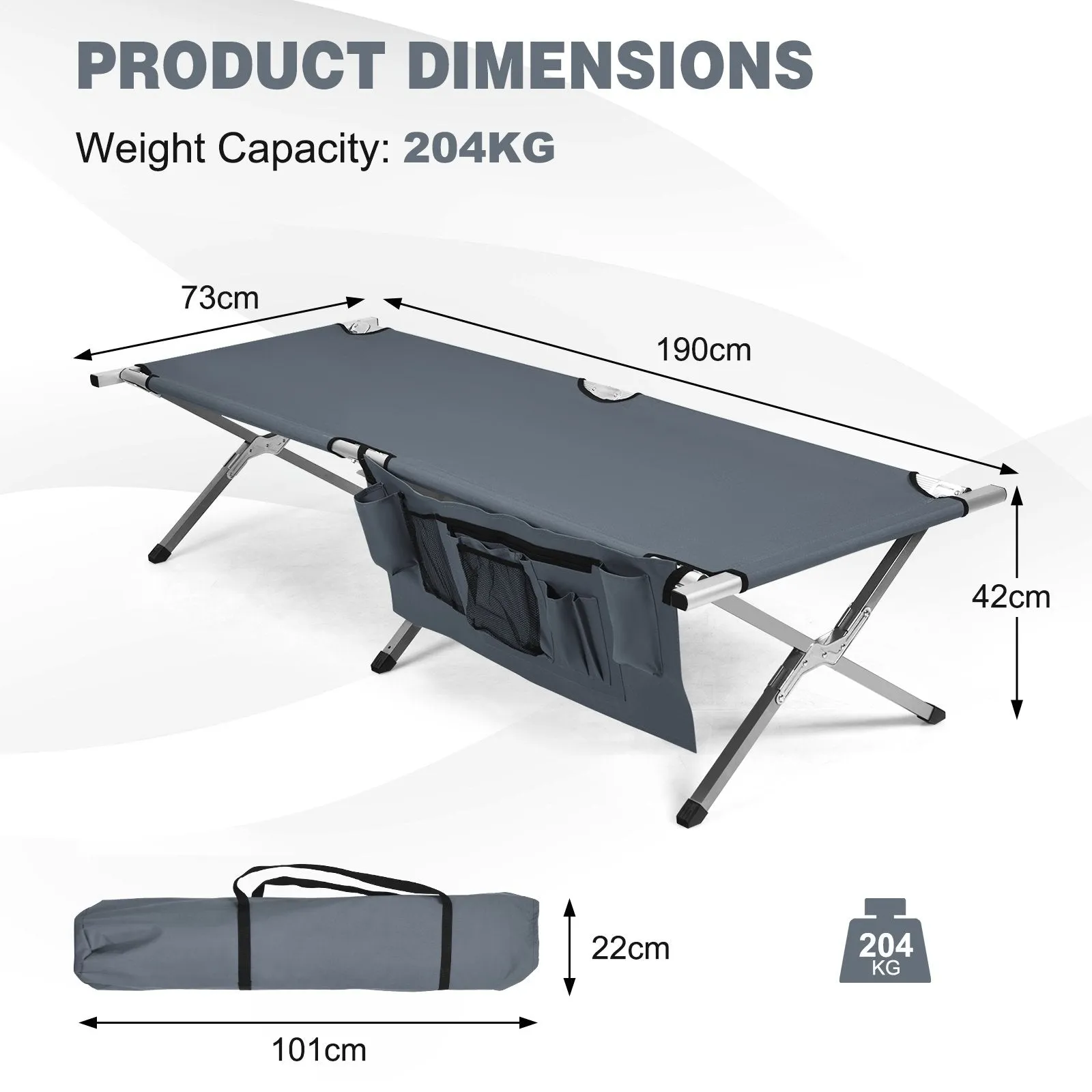 Folding Camping Bed Outdoor Sleeping Cot with Carry Bag for Beach-Grey