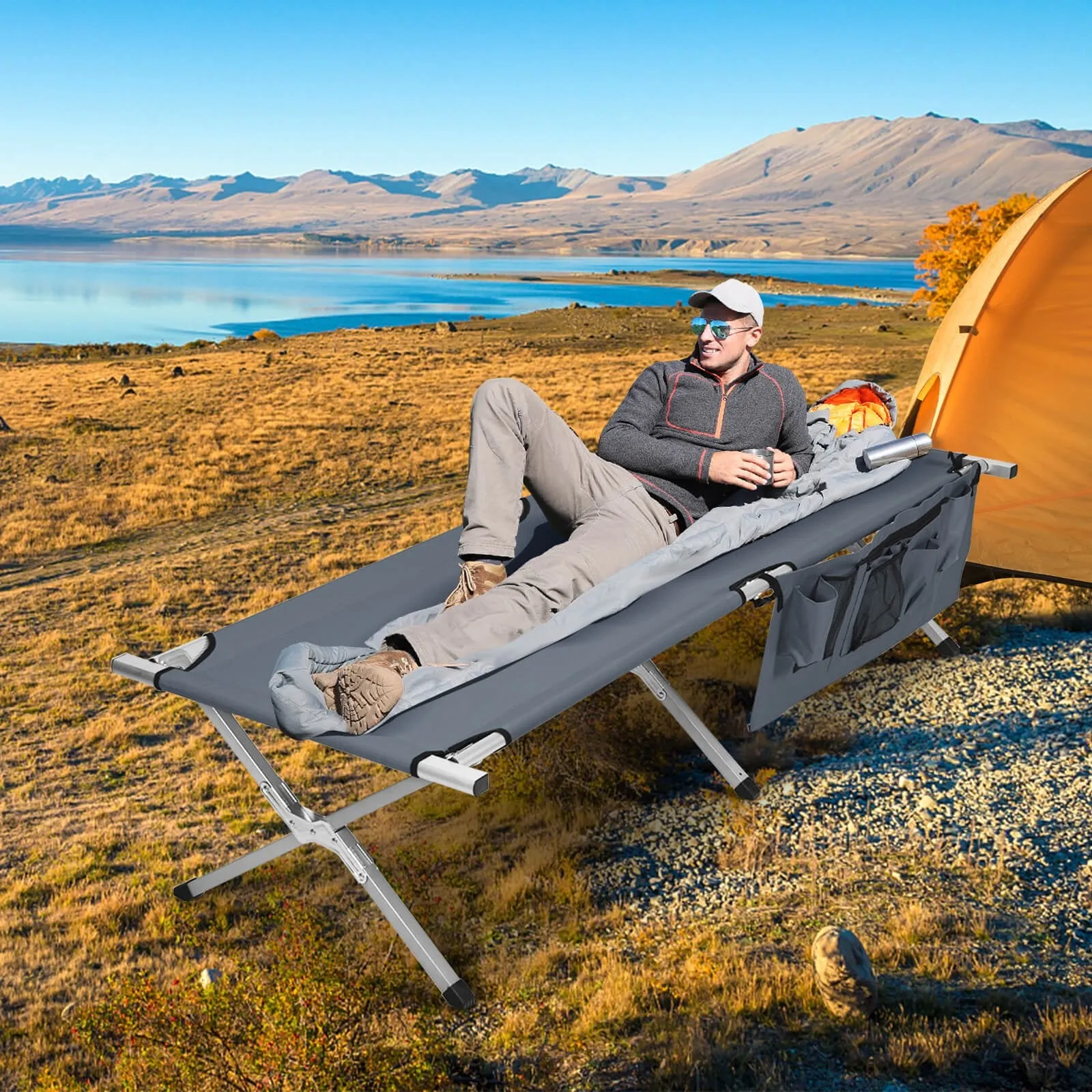 Folding Camping Bed Outdoor Sleeping Cot with Carry Bag for Beach-Grey
