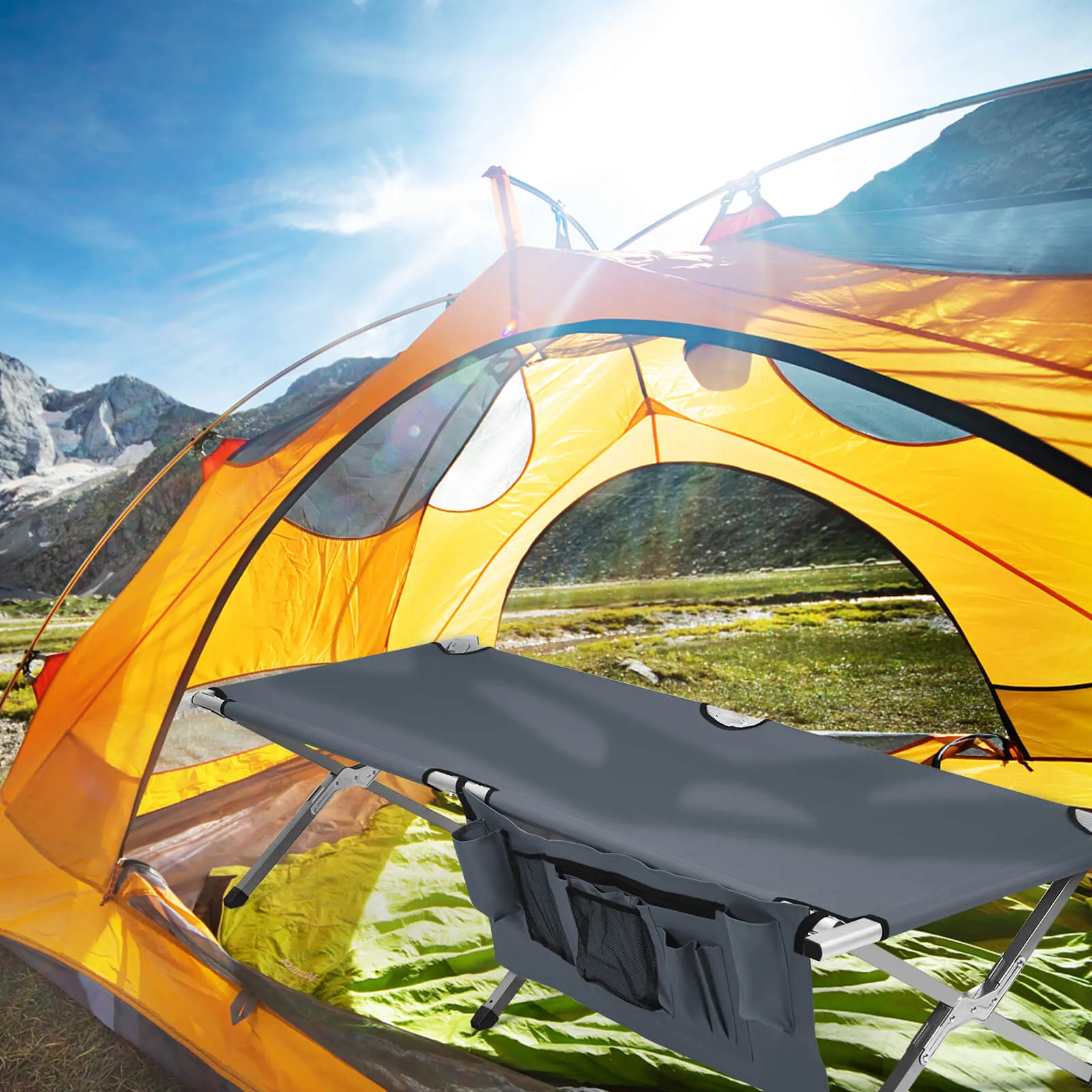 Folding Camping Bed Outdoor Sleeping Cot with Carry Bag for Beach-Grey