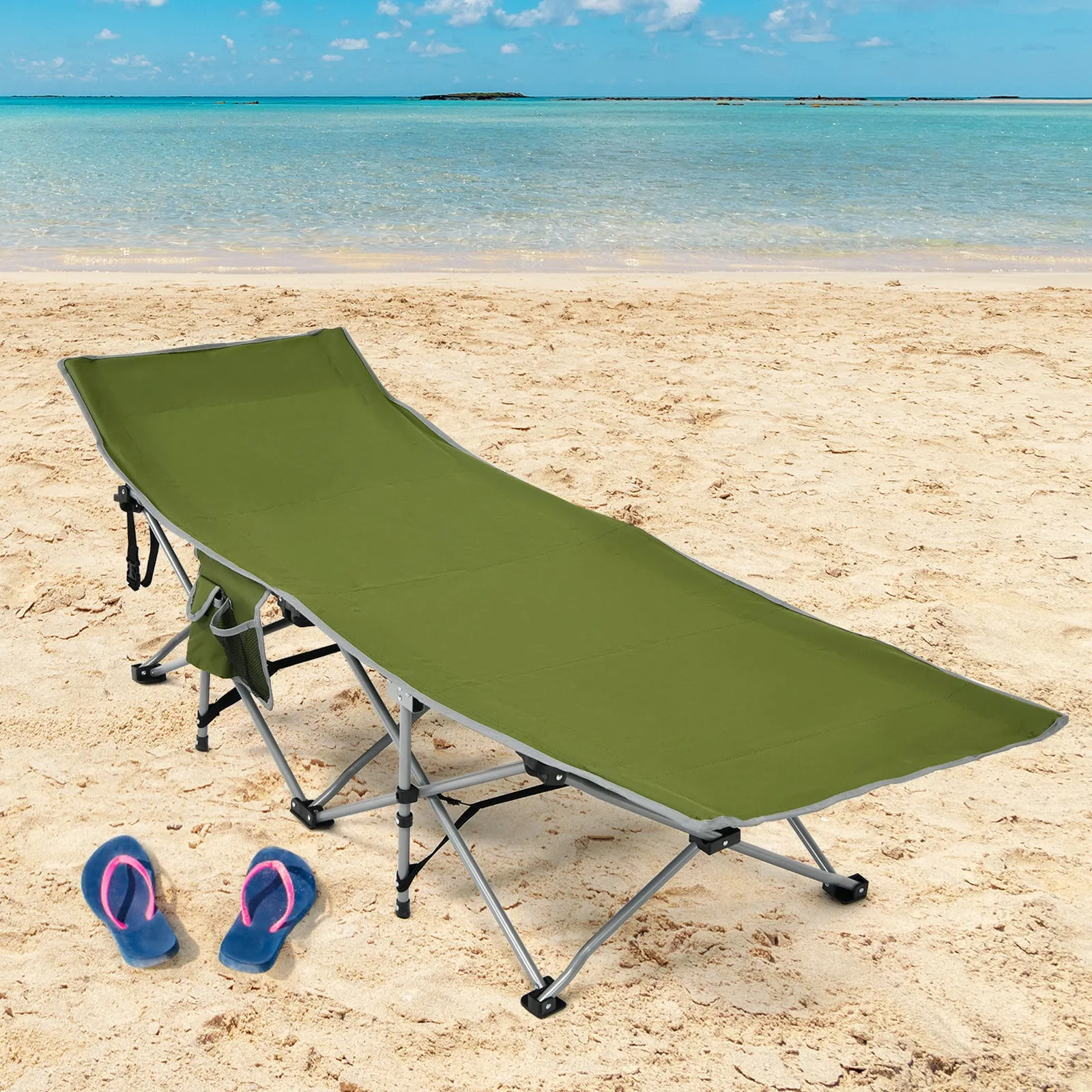 Folding Camping Cot with Detachable Headrest and Side Pocket-Green