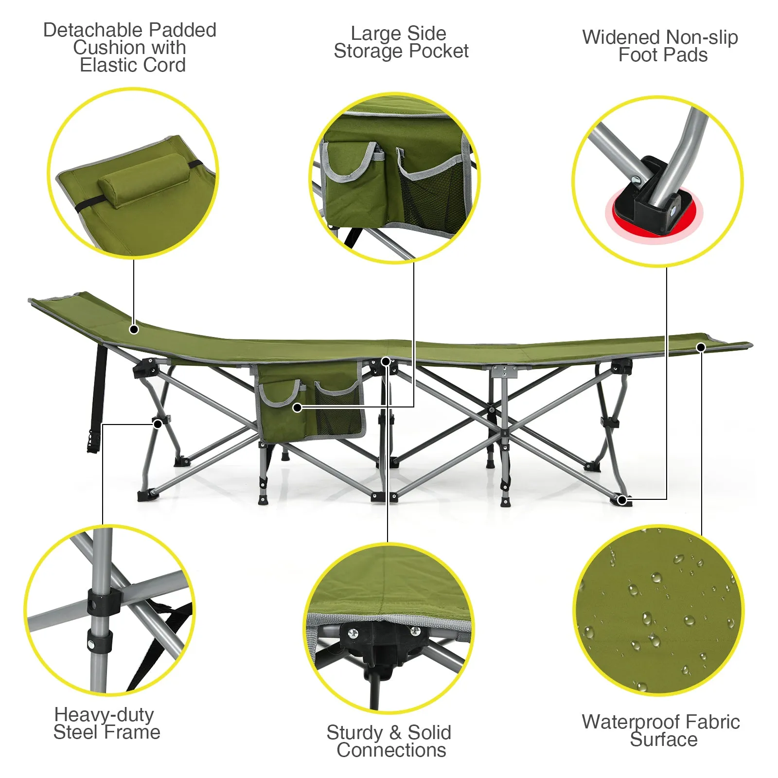 Folding Camping Cot with Detachable Headrest and Side Pocket-Green