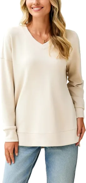 Glamaker Women's Long Sleeve V Neck Sweatshirt Air Essentials Soft Loose Pullover Sweatshirts
