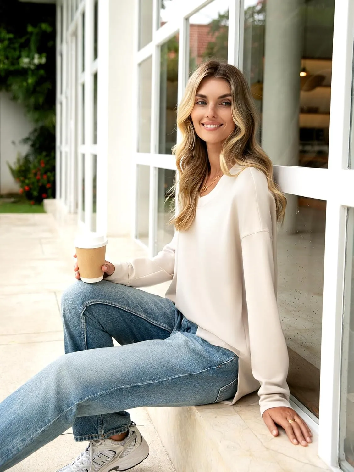 Glamaker Women's Long Sleeve V Neck Sweatshirt Air Essentials Soft Loose Pullover Sweatshirts
