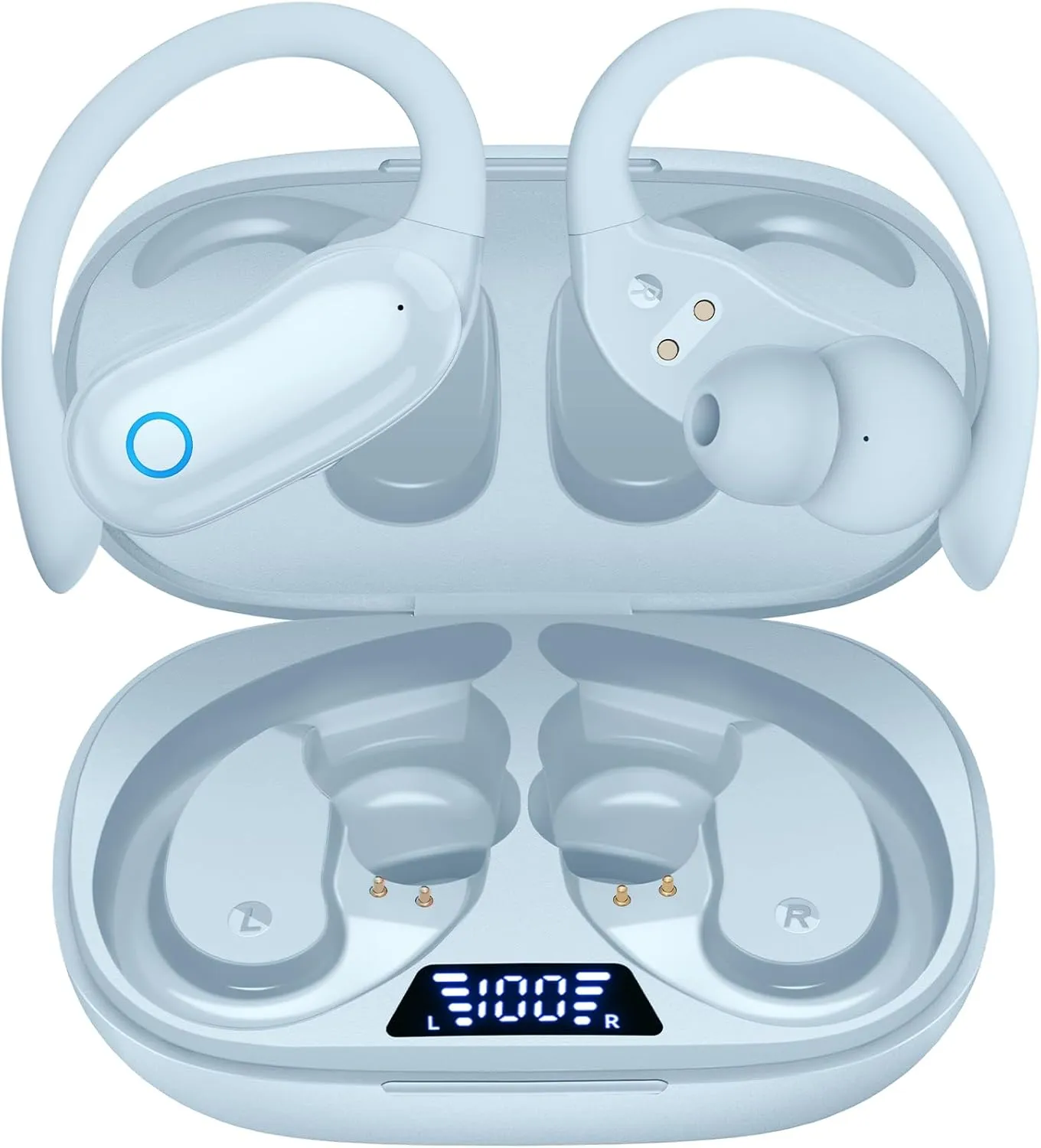 GNMN Ear Buds Wireless Earbuds 96hrs Playback Bluetooth Headphones IPX7 Waterproof Stereo Bass Over-Ear Earphones with Earhooks Microphone LED Battery Display for Sports/Workout/Gym/Running Smog Blue