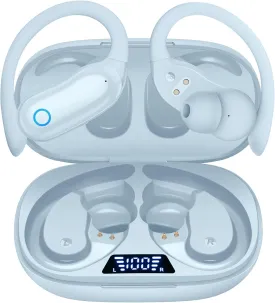 GNMN Ear Buds Wireless Earbuds 96hrs Playback Bluetooth Headphones IPX7 Waterproof Stereo Bass Over-Ear Earphones with Earhooks Microphone LED Battery Display for Sports/Workout/Gym/Running Smog Blue