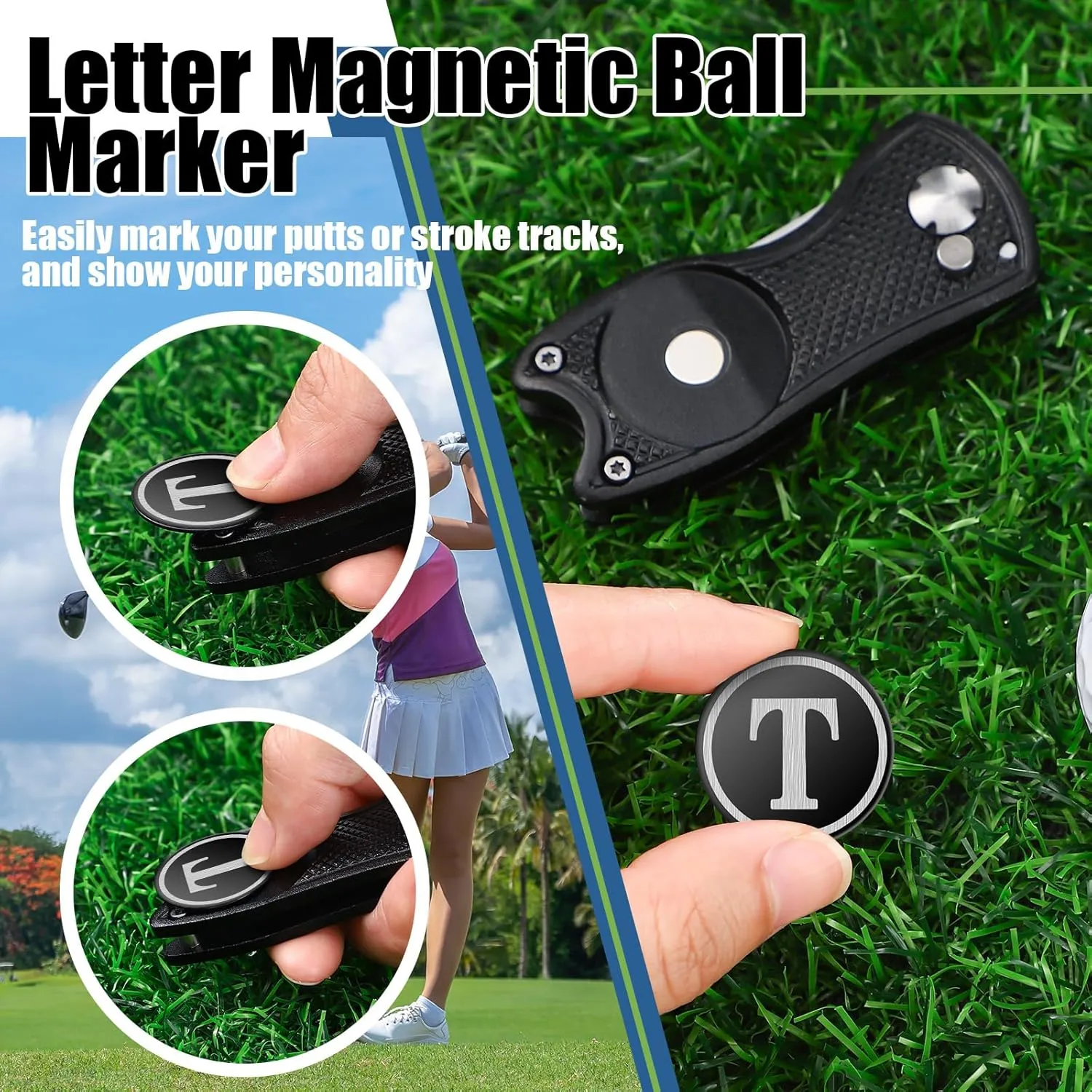 Golf Divot Repair Tool with Letter Custom Monogrammed Initial Ball Marker Divot Tool Foldable Metal with Magnetic Putt Alignment Golf Accessories Gifts for Men Father Golfer