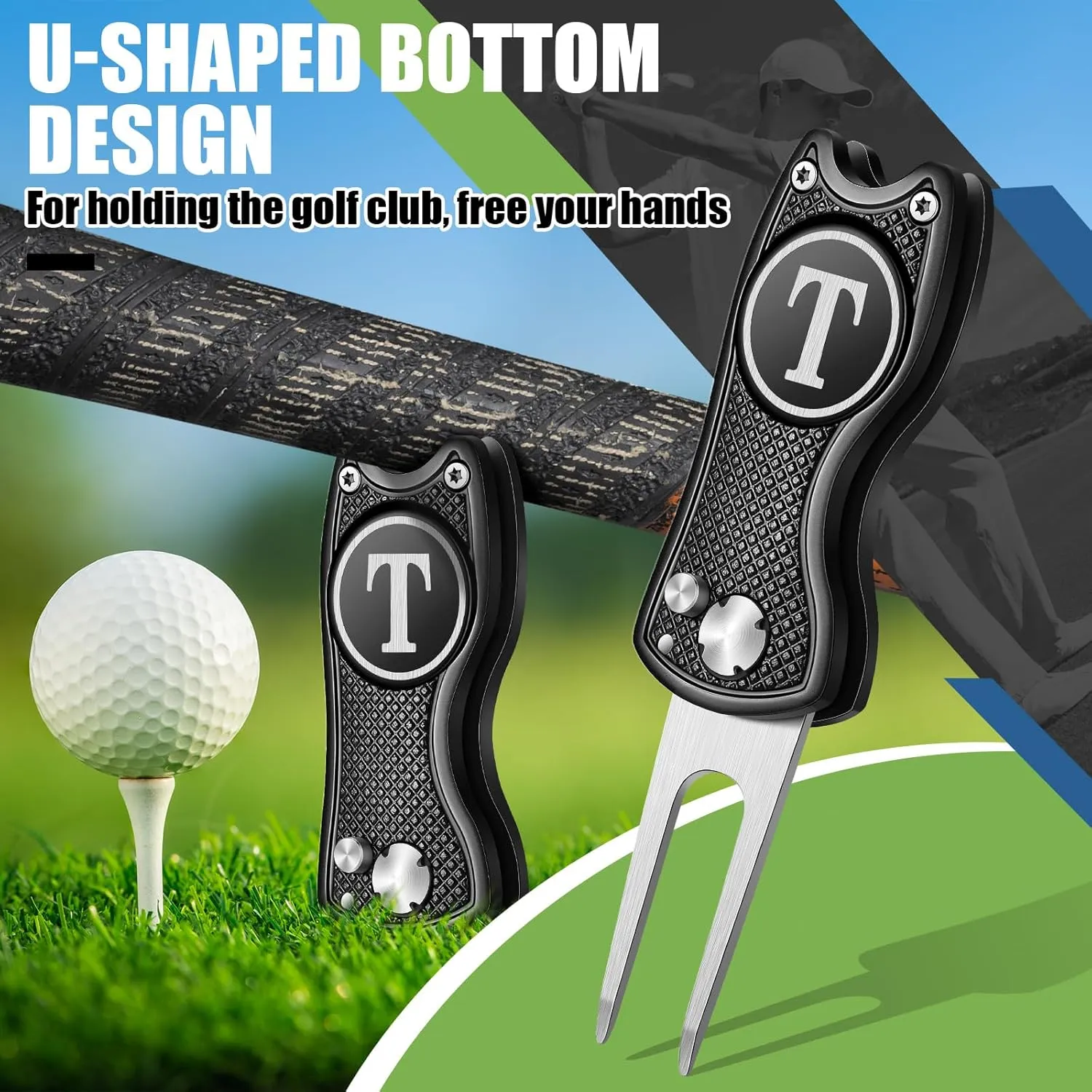 Golf Divot Repair Tool with Letter Custom Monogrammed Initial Ball Marker Divot Tool Foldable Metal with Magnetic Putt Alignment Golf Accessories Gifts for Men Father Golfer