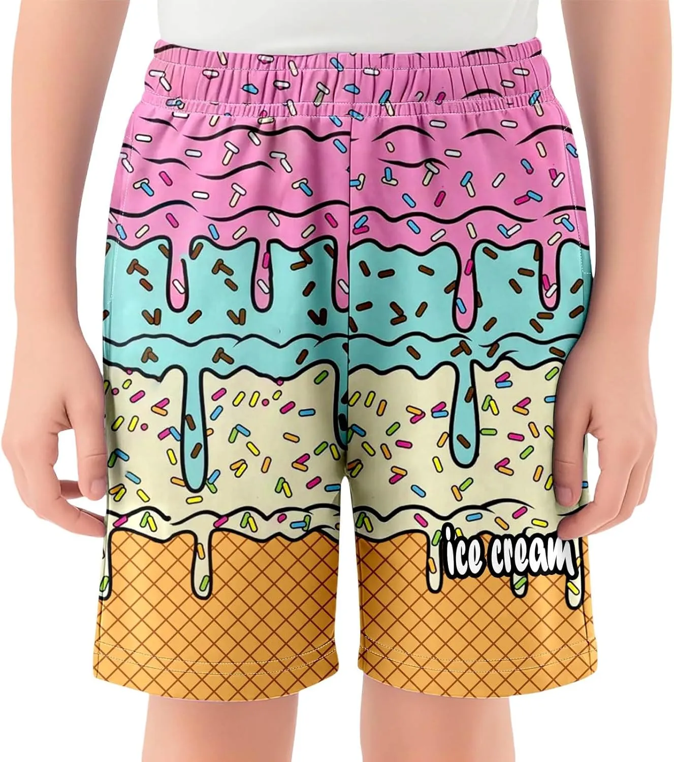 Ice Cream Shorts Boys Swim Trunks Elastic Waist with Pockets Summer Cool Cute Preppy Ice Cream Drip Baseball Shorts