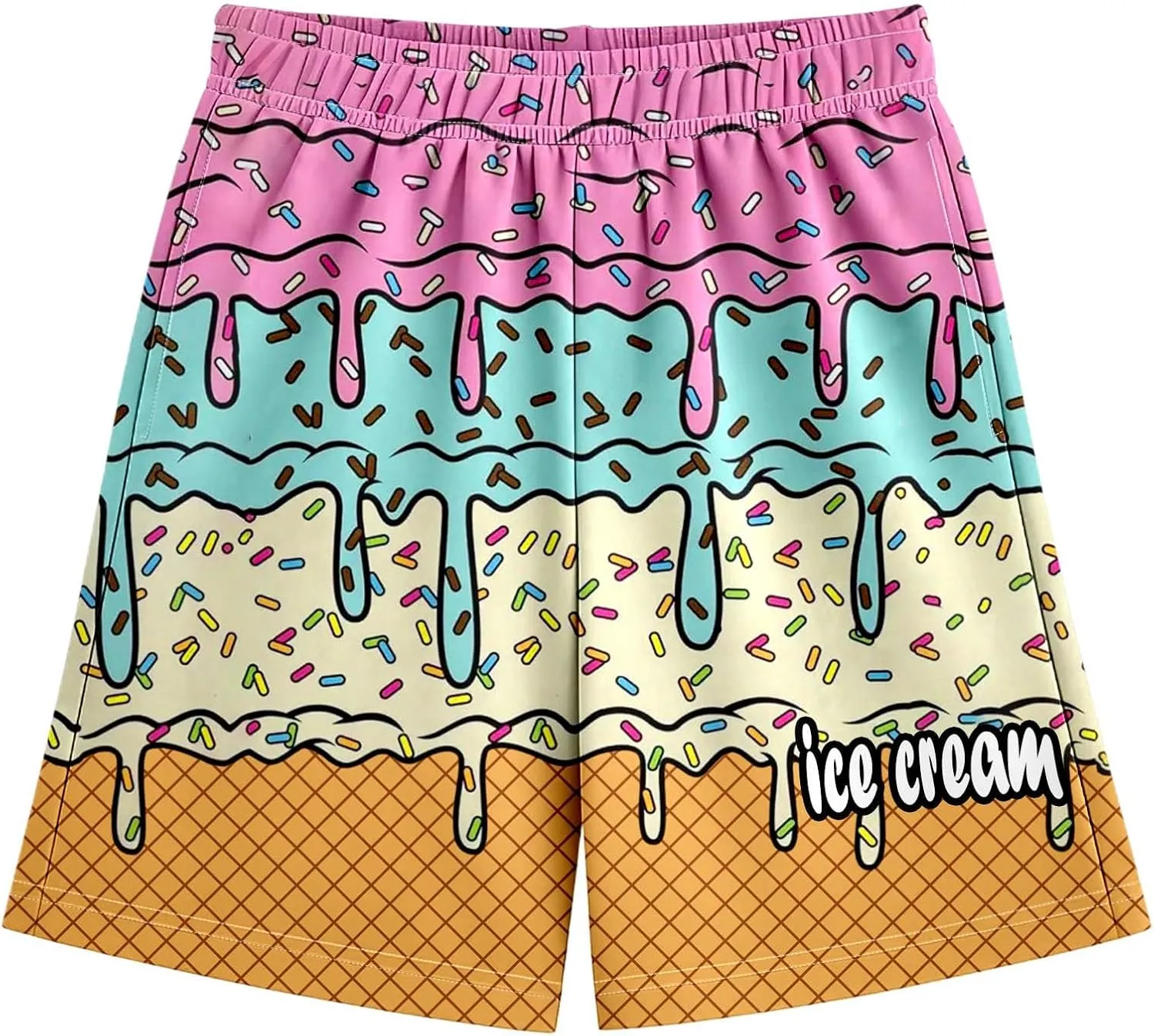 Ice Cream Shorts Boys Swim Trunks Elastic Waist with Pockets Summer Cool Cute Preppy Ice Cream Drip Baseball Shorts
