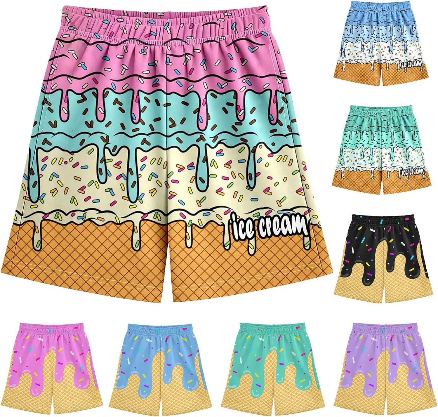 Ice Cream Shorts Boys Swim Trunks Elastic Waist with Pockets Summer Cool Cute Preppy Ice Cream Drip Baseball Shorts