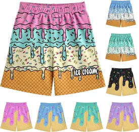 Ice Cream Shorts Boys Swim Trunks Elastic Waist with Pockets Summer Cool Cute Preppy Ice Cream Drip Baseball Shorts