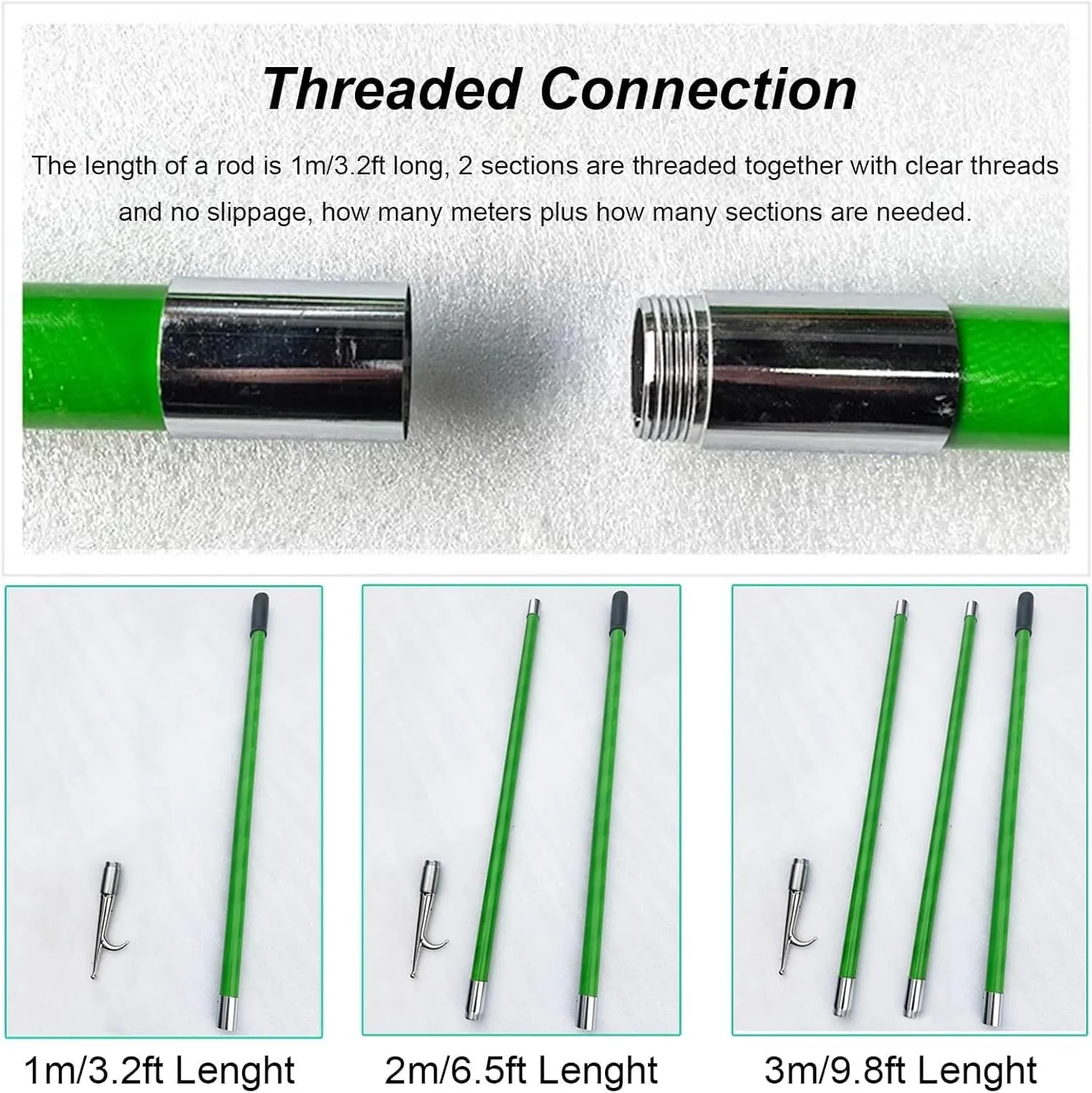 Katzowen 3/2 /1 M Long Portable Rescue Poles with Removable Stainless Steel Hook,  Green Push Pole for Boat, Life Raft/Boat/Yacht/Motorboat/Pool Water Salvage Tools