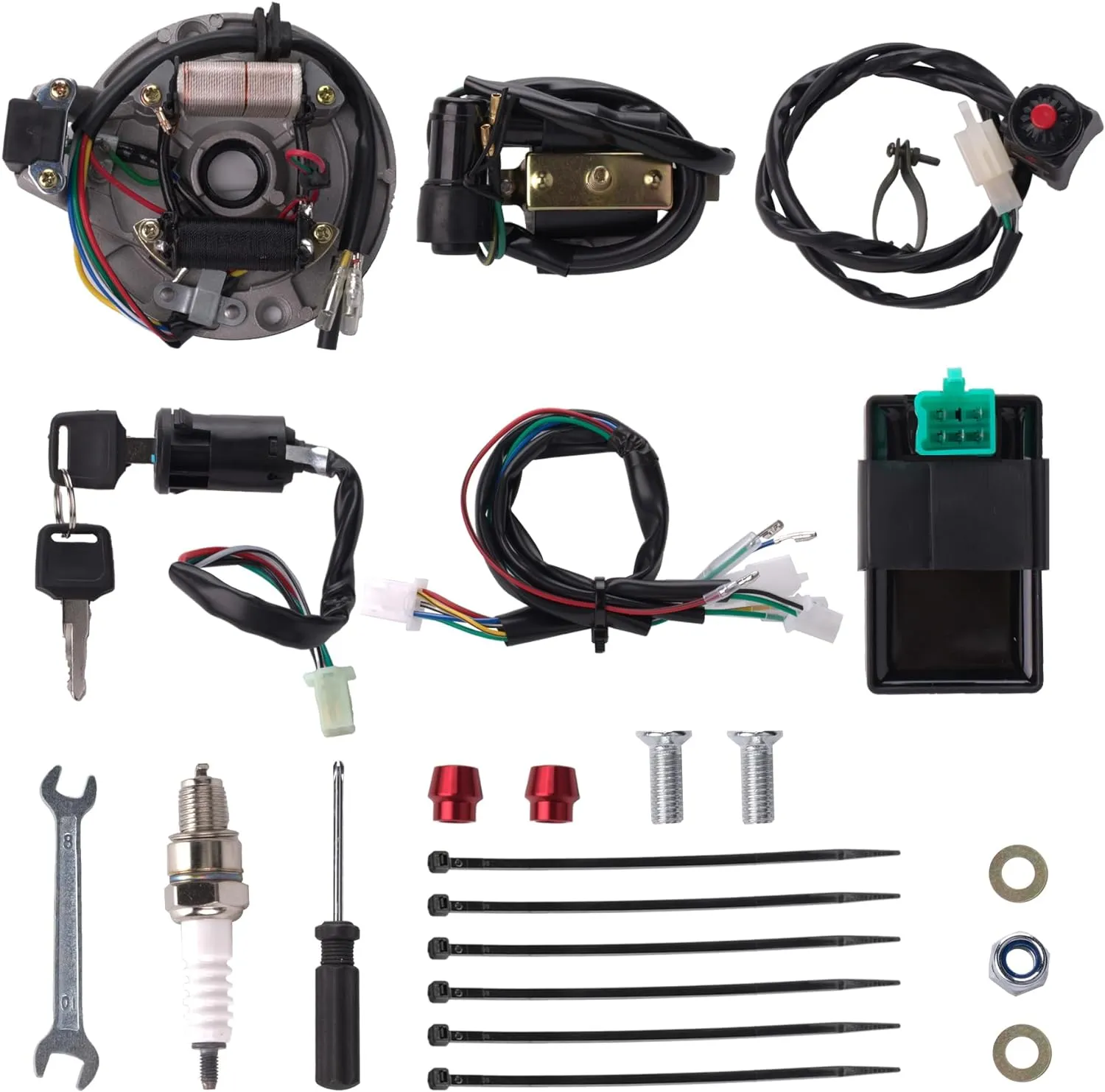 Magnetoelectric Coils Wiring Loom Harness Kill Switch Ignition Coil Cdi Box Spark Plug Rebuild Kit Kick Start Dirt Pit Bike ATV 50CC 70CC 90CC 110CC-160cc Buggy Go Kart Wire Harness