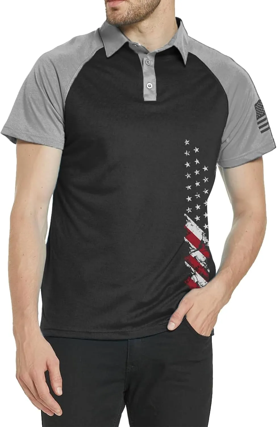 Men's Polo Shirt Short Sleeve Quick Dry American Flag Print Graphic Split Color Golf Shirt for Sport