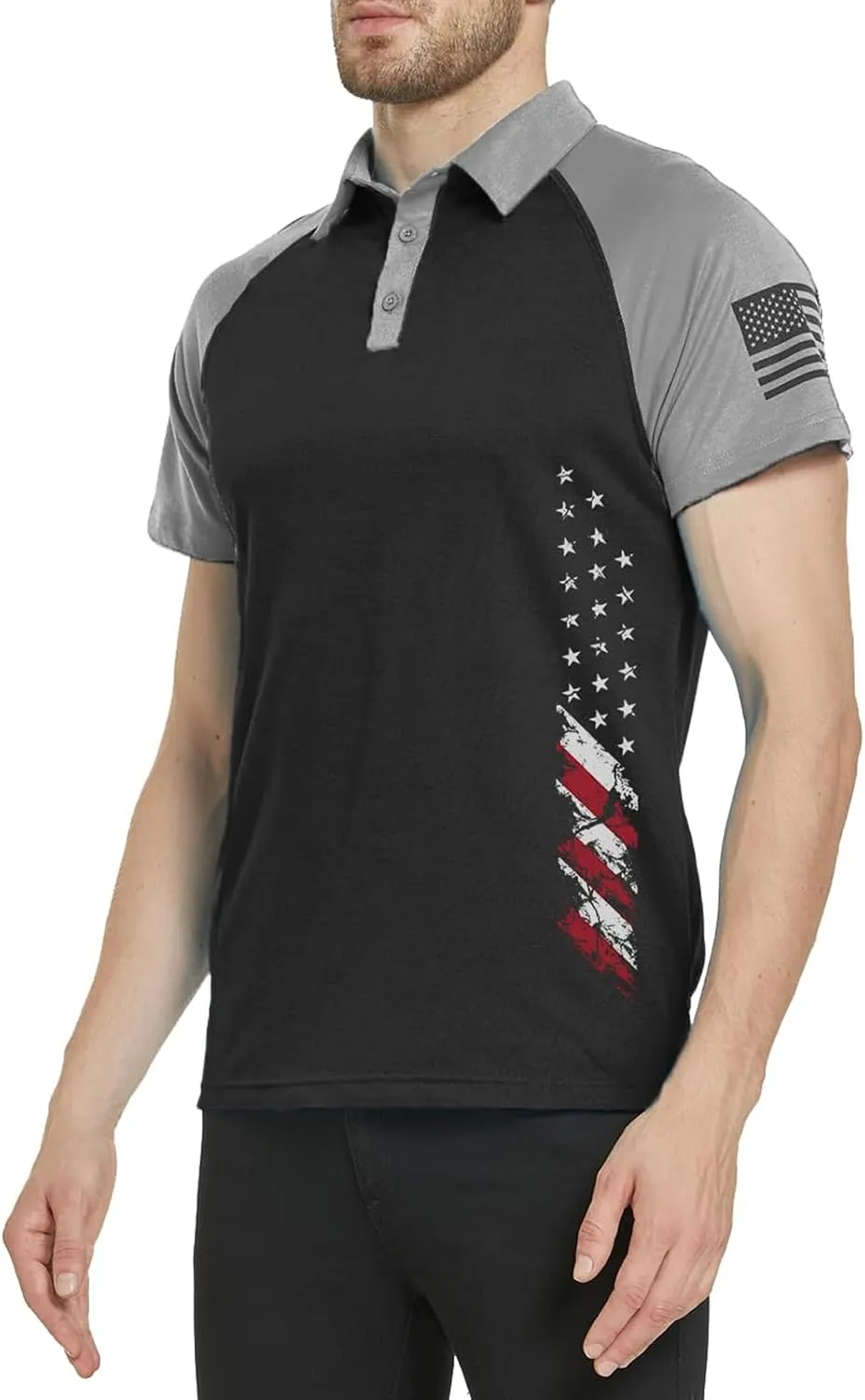 Men's Polo Shirt Short Sleeve Quick Dry American Flag Print Graphic Split Color Golf Shirt for Sport