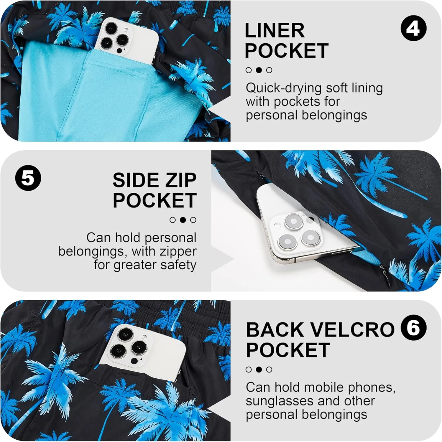 Mens Swim Trunks with Compression Liner 5" Stretch Board Shorts Quick Dry Zipper Pockets 2 in 1 Mens Bathing Suits