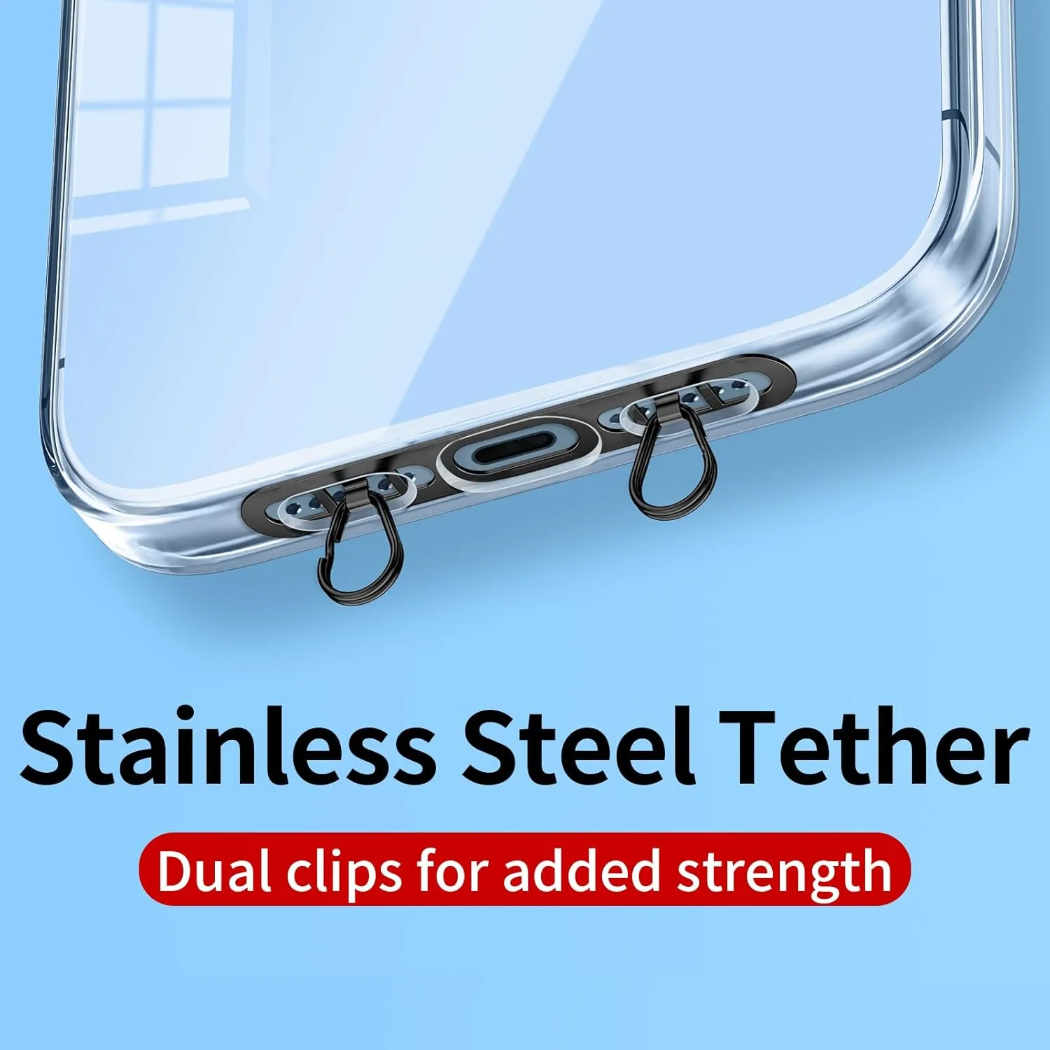 Metal Phone Tether Tab for iPhone, Cell Phone Lanyard Patch with 2 rings,made of stainless steel, thin and sturdy, does not affect charging, prevents dropping and losing (Champagne Gold black)