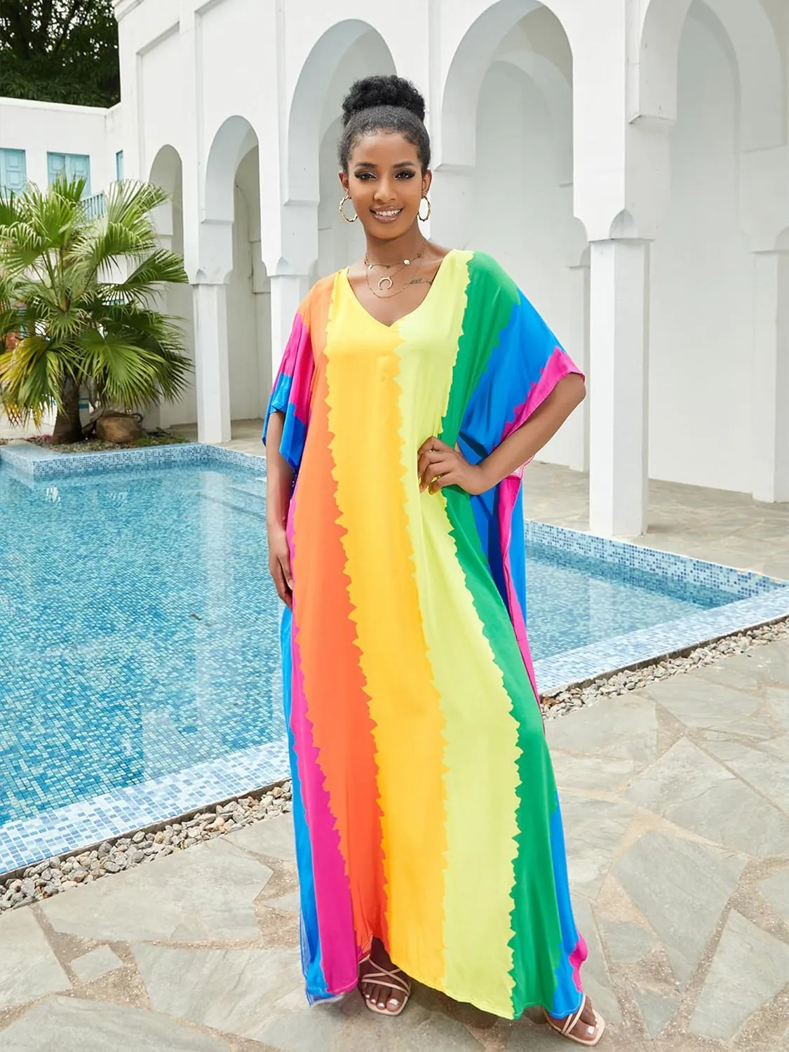 Moss Rose Caftan Coverup Dresses for Women V Neck Summer Swimsuit Kaftan Plus Size Maxi Beach Vacation Clothes