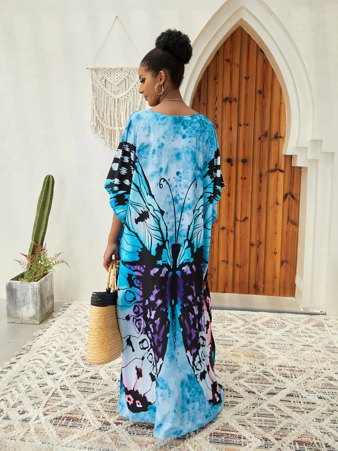 Moss Rose Caftan Coverup Dresses for Women V Neck Summer Swimsuit Kaftan Plus Size Maxi Beach Vacation Clothes
