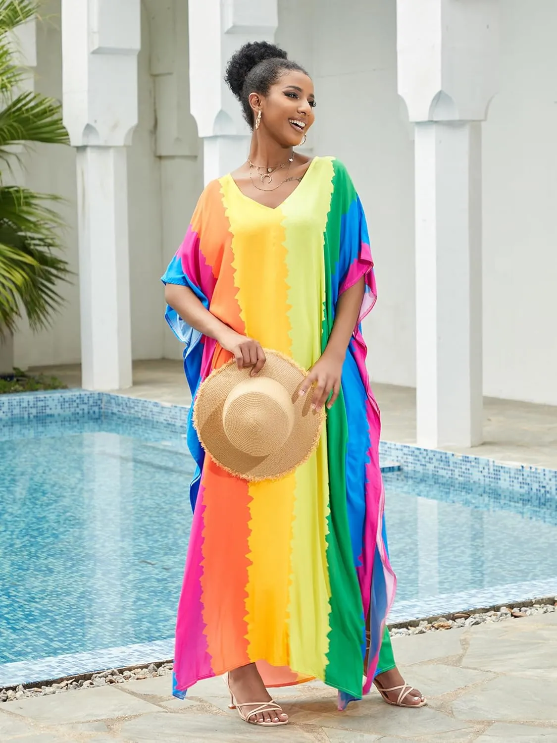 Moss Rose Caftan Coverup Dresses for Women V Neck Summer Swimsuit Kaftan Plus Size Maxi Beach Vacation Clothes