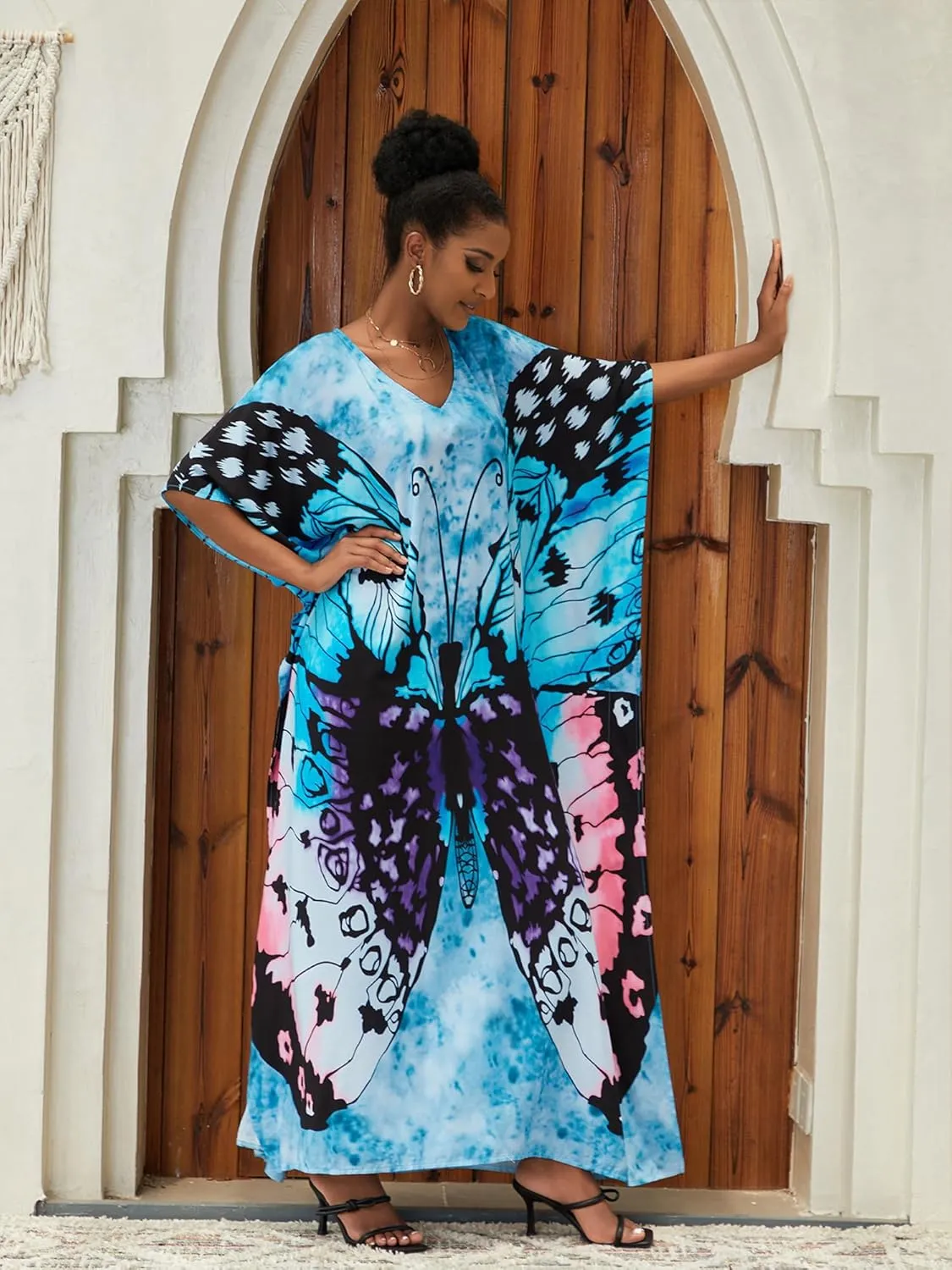Moss Rose Caftan Coverup Dresses for Women V Neck Summer Swimsuit Kaftan Plus Size Maxi Beach Vacation Clothes