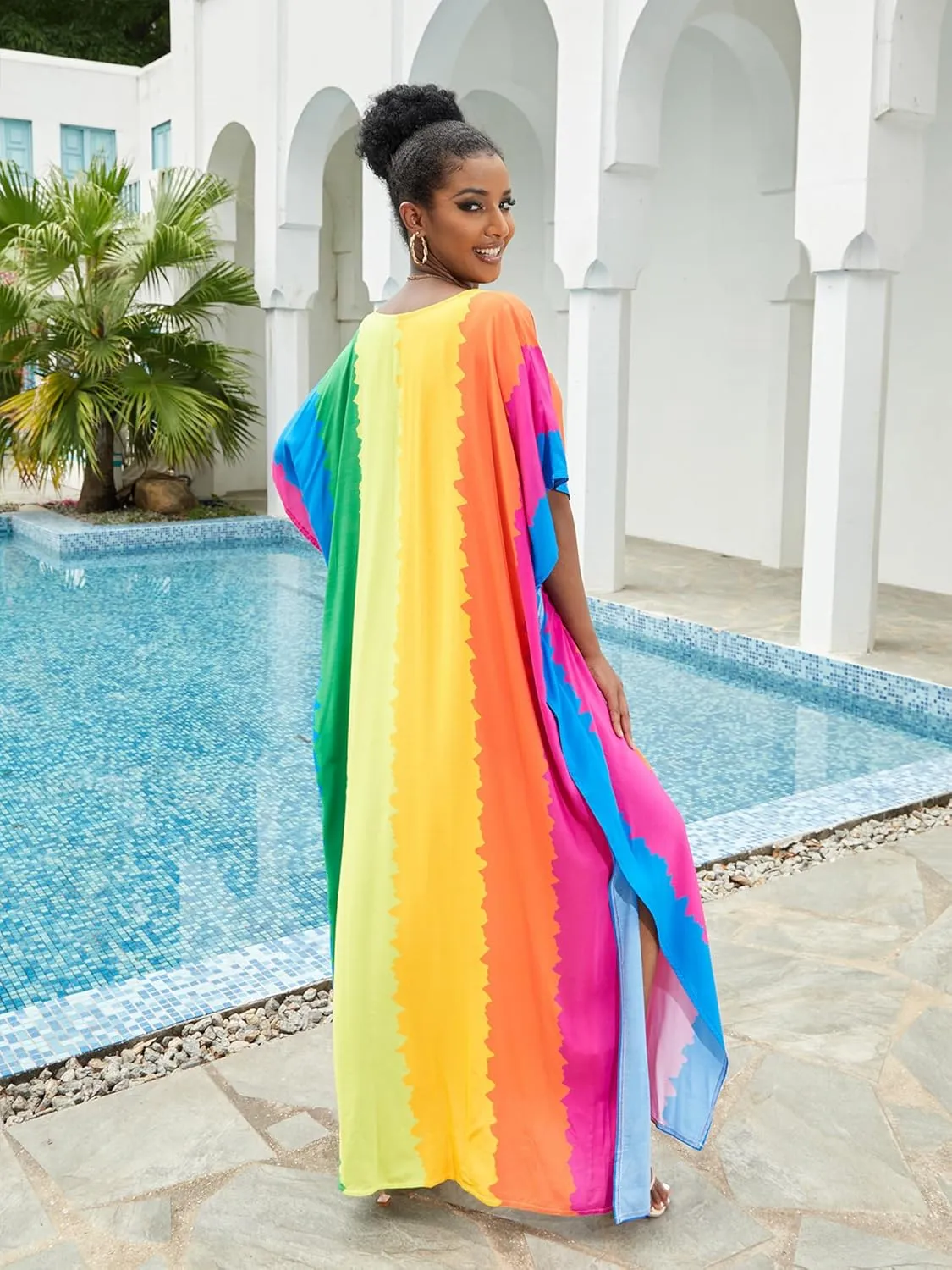 Moss Rose Caftan Coverup Dresses for Women V Neck Summer Swimsuit Kaftan Plus Size Maxi Beach Vacation Clothes