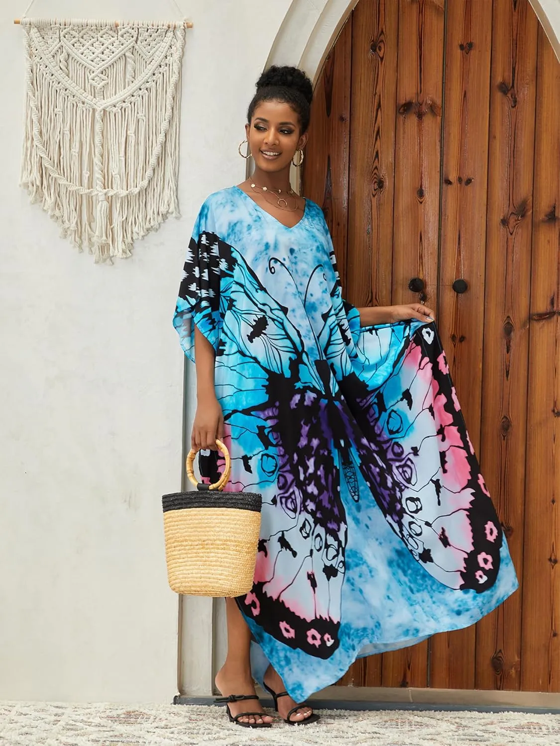 Moss Rose Caftan Coverup Dresses for Women V Neck Summer Swimsuit Kaftan Plus Size Maxi Beach Vacation Clothes