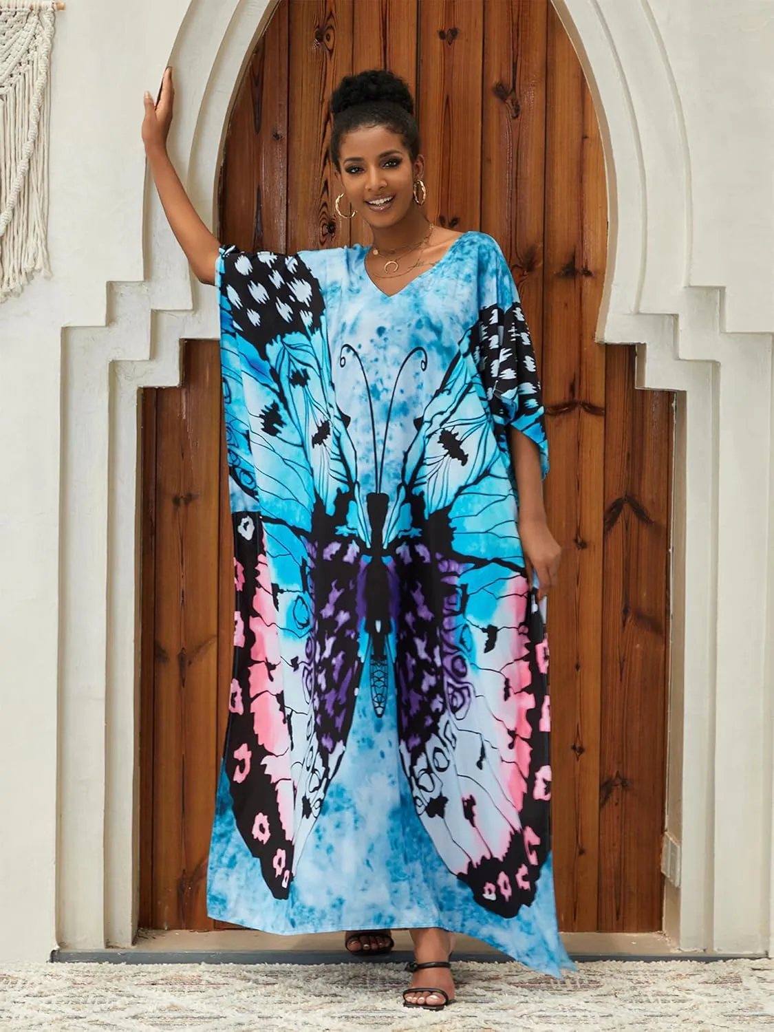 Moss Rose Caftan Coverup Dresses for Women V Neck Summer Swimsuit Kaftan Plus Size Maxi Beach Vacation Clothes