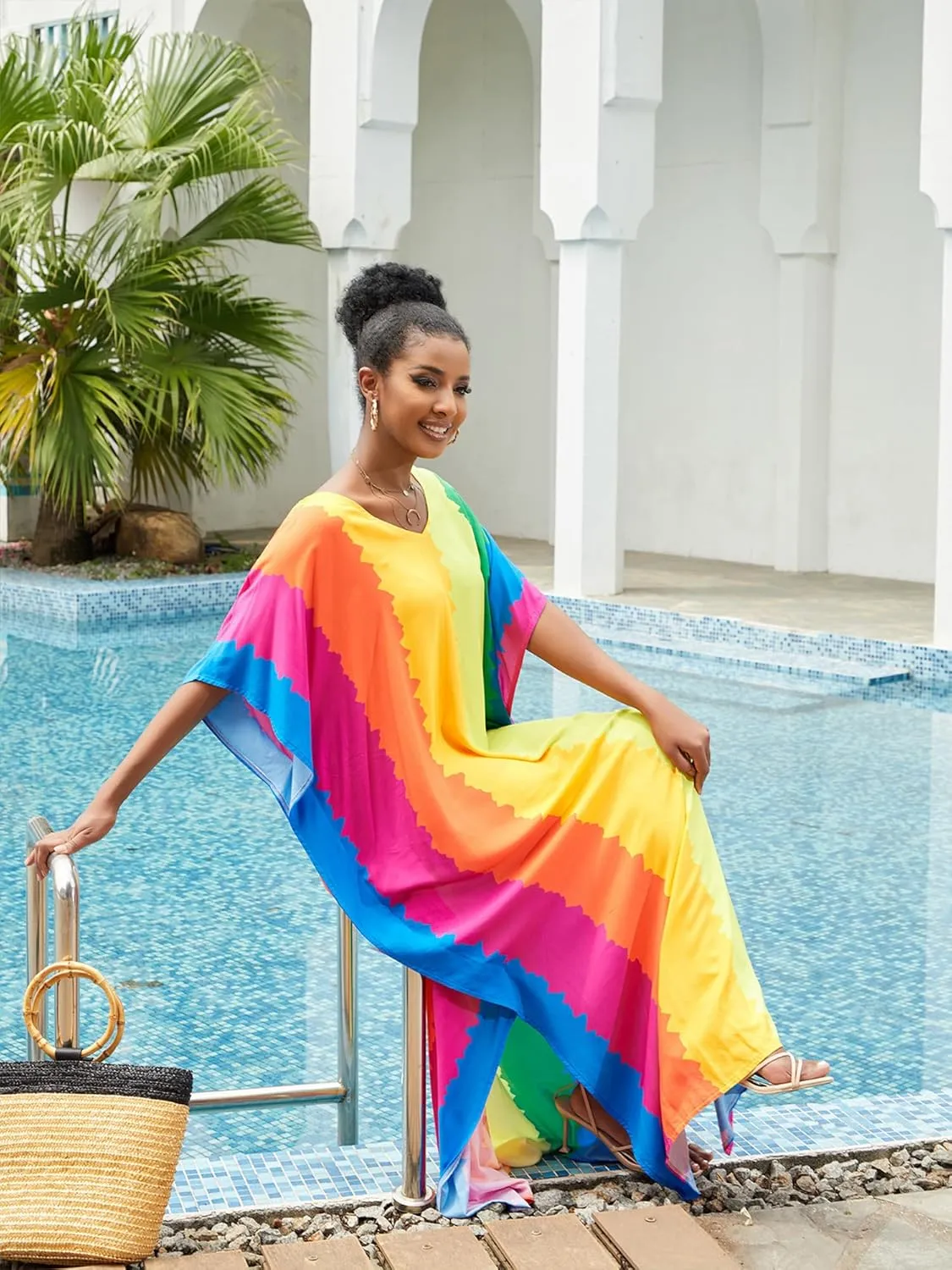 Moss Rose Caftan Coverup Dresses for Women V Neck Summer Swimsuit Kaftan Plus Size Maxi Beach Vacation Clothes