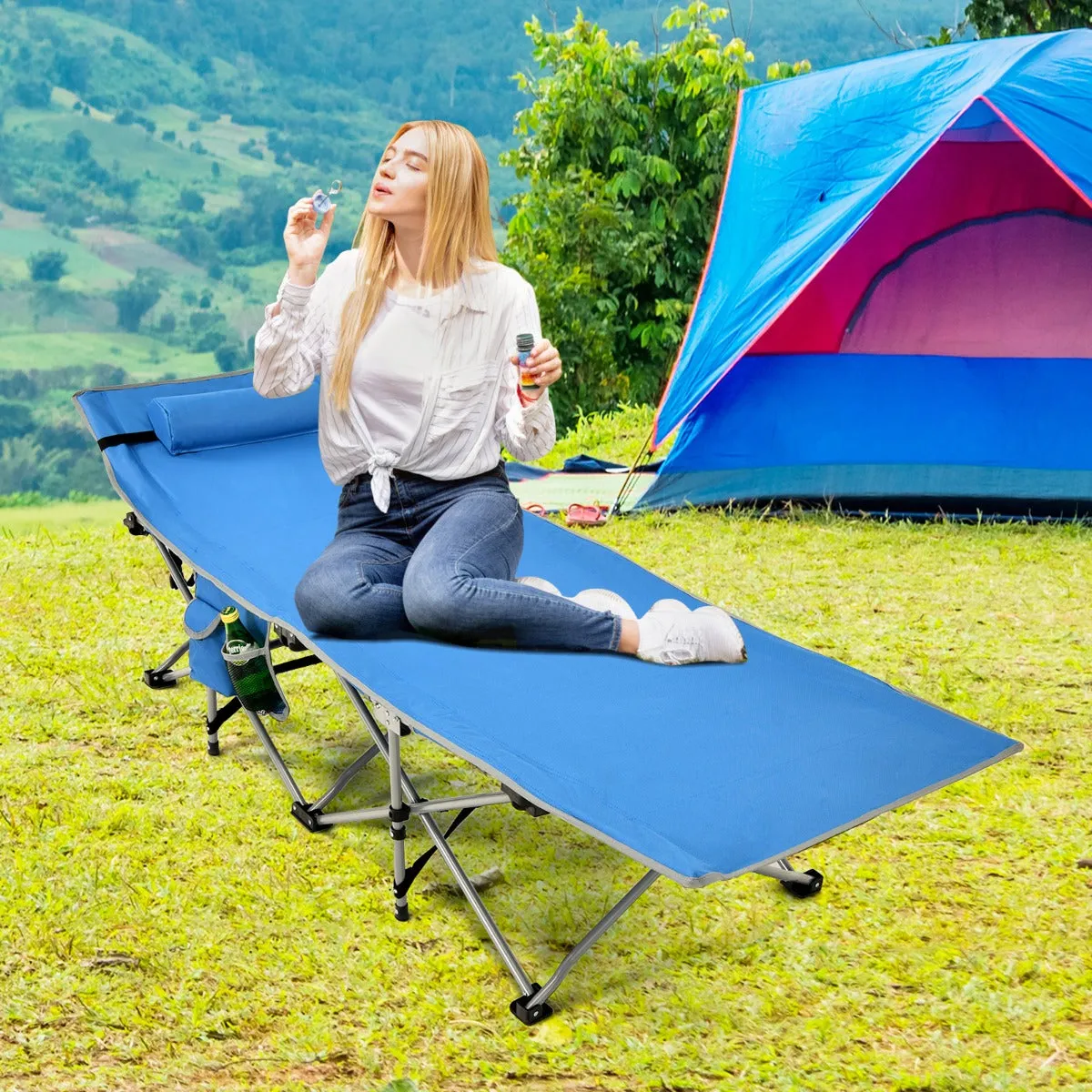 NNECW Folding Camping Cot with Side Storage Pocket &amp Detachable Headrest-Blue