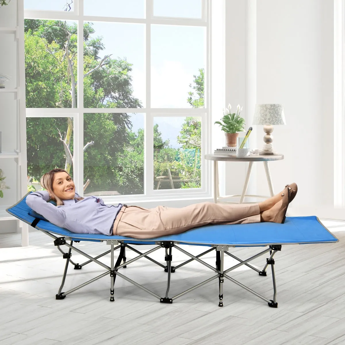 NNECW Folding Camping Cot with Side Storage Pocket &amp Detachable Headrest-Blue