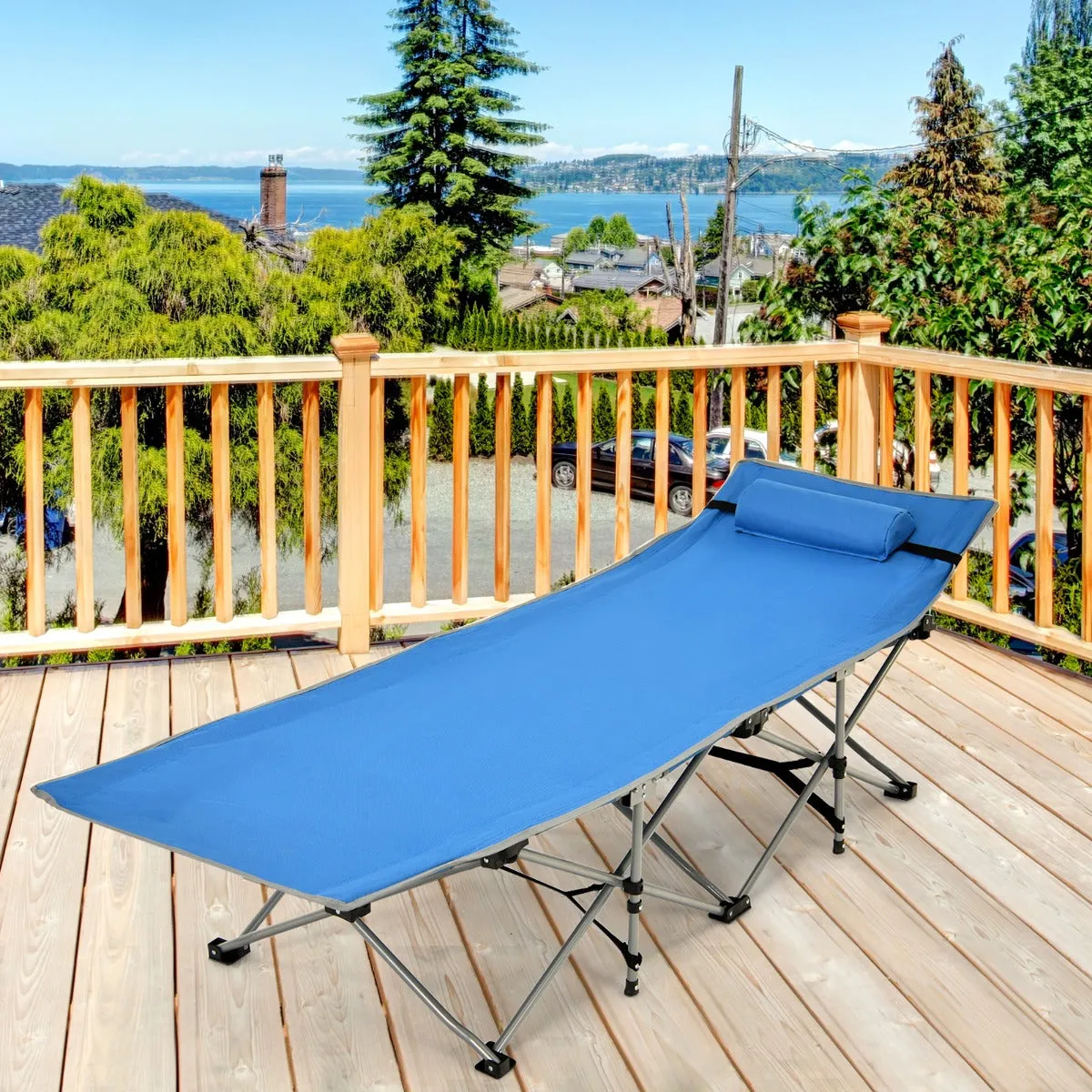 NNECW Folding Camping Cot with Side Storage Pocket &amp Detachable Headrest-Blue