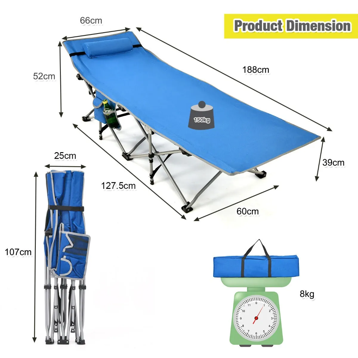 NNECW Folding Camping Cot with Side Storage Pocket &amp Detachable Headrest-Blue
