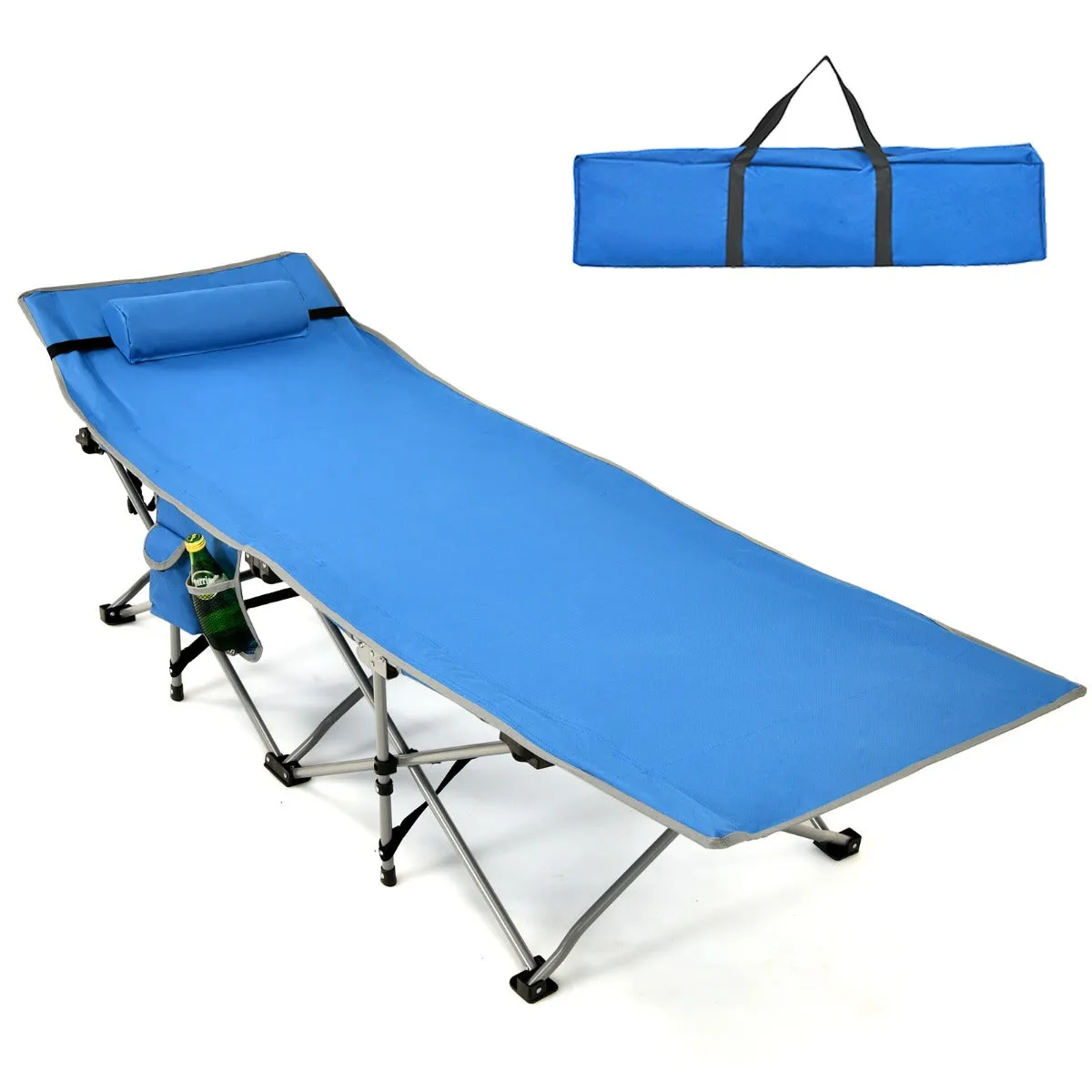NNECW Folding Camping Cot with Side Storage Pocket &amp Detachable Headrest-Blue