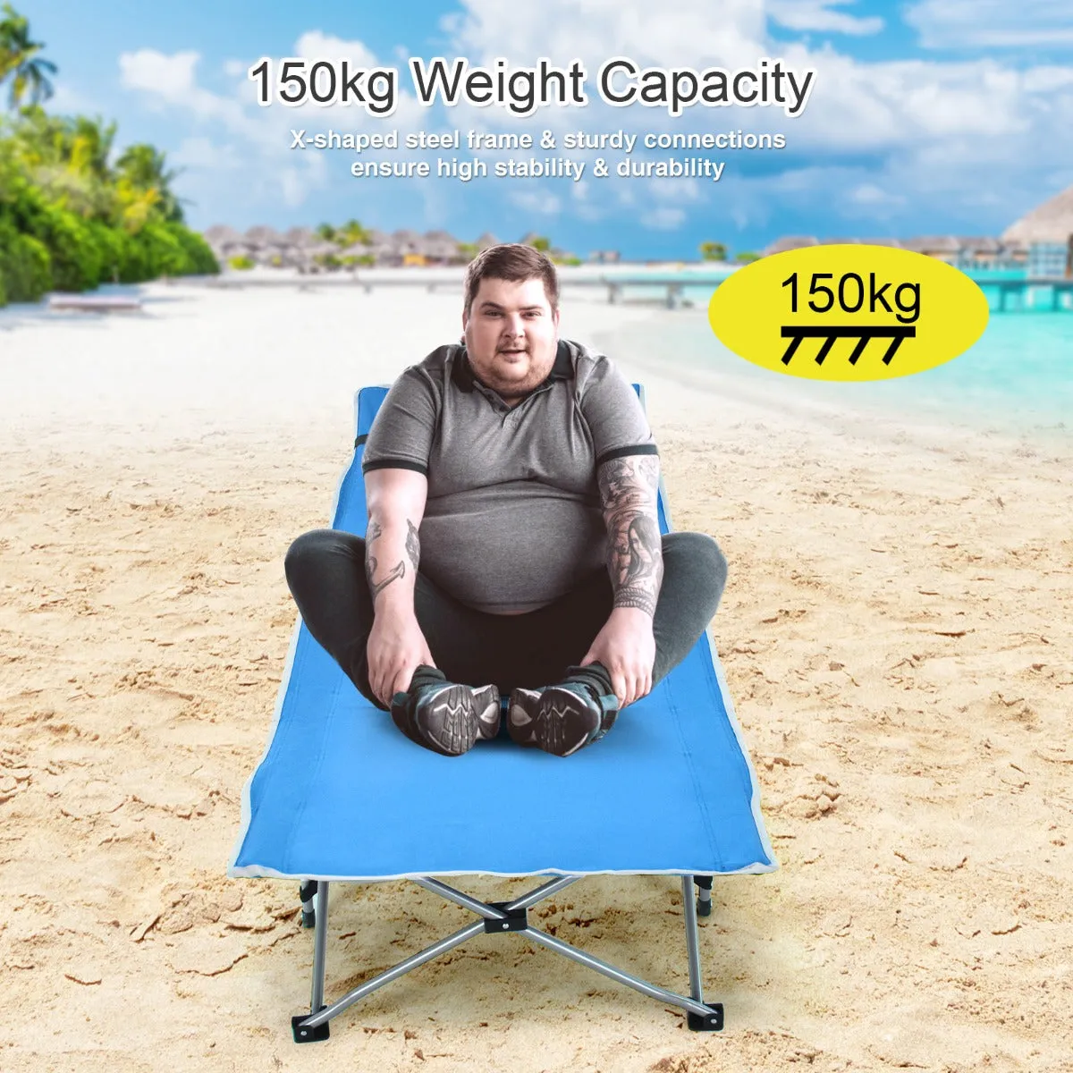 NNECW Folding Camping Cot with Side Storage Pocket &amp Detachable Headrest-Blue