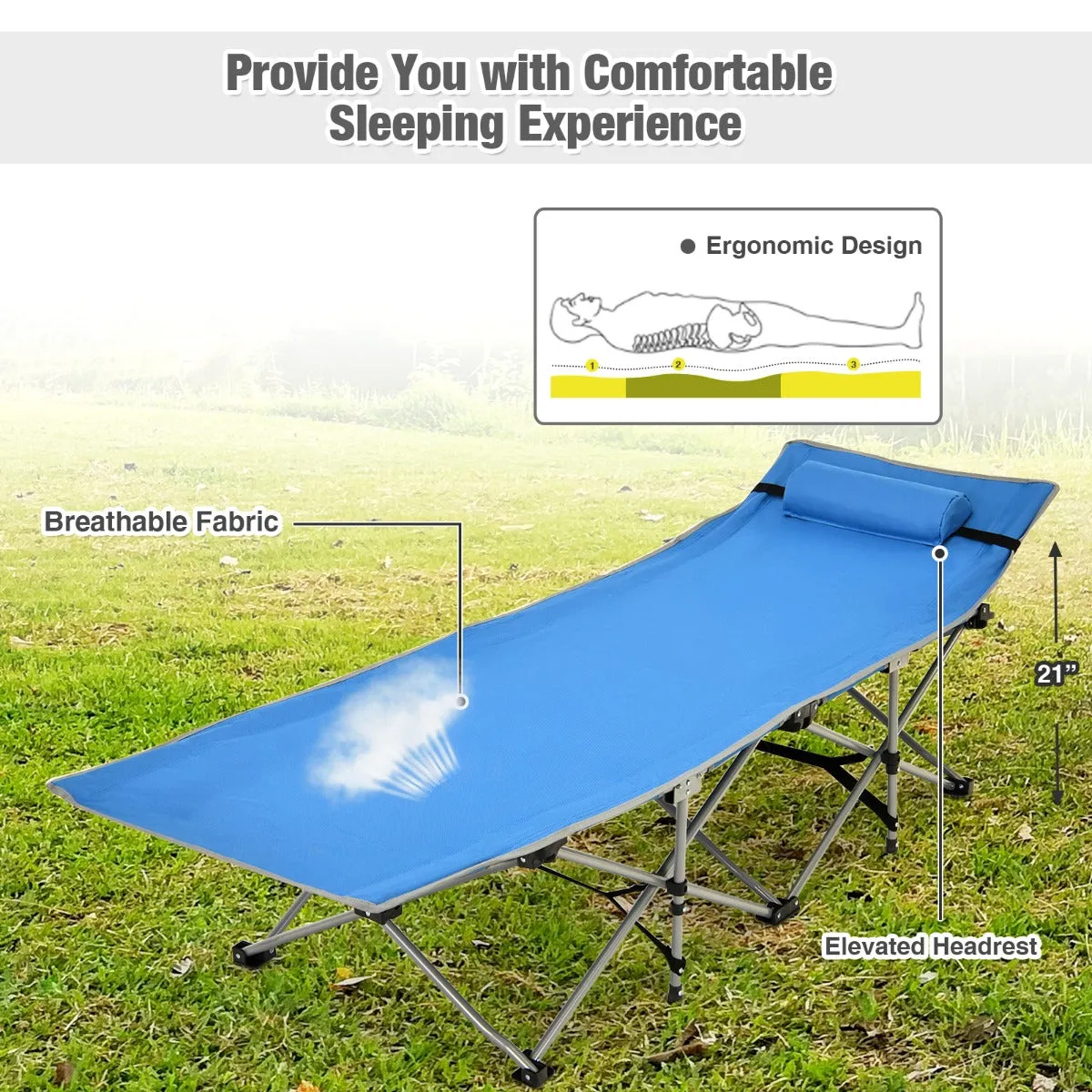 NNECW Folding Camping Cot with Side Storage Pocket &amp Detachable Headrest-Blue