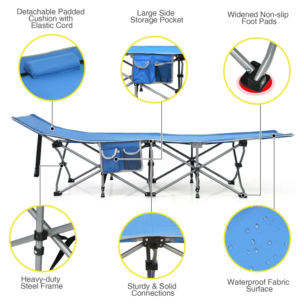 NNECW Folding Camping Cot with Side Storage Pocket &amp Detachable Headrest-Blue
