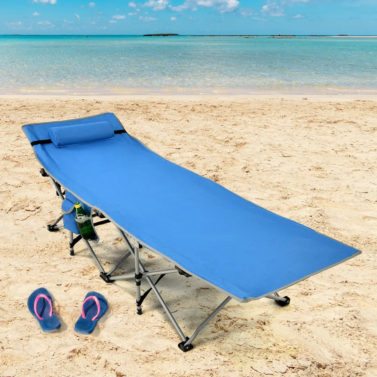 NNECW Folding Camping Cot with Side Storage Pocket &amp Detachable Headrest-Blue